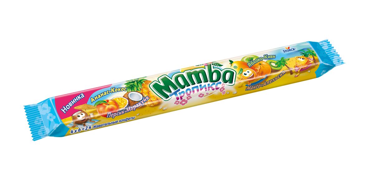 Mamba Тропикс Жевательная конфета, 106 г111576 Mamba Тропикс Жевательная конфета, 106 г111576Откройте для себя насыщенные фруктовые вкусы конфет Мамба и подружитесь с веселыми и жизнерадостными обитателями острова Мамба!