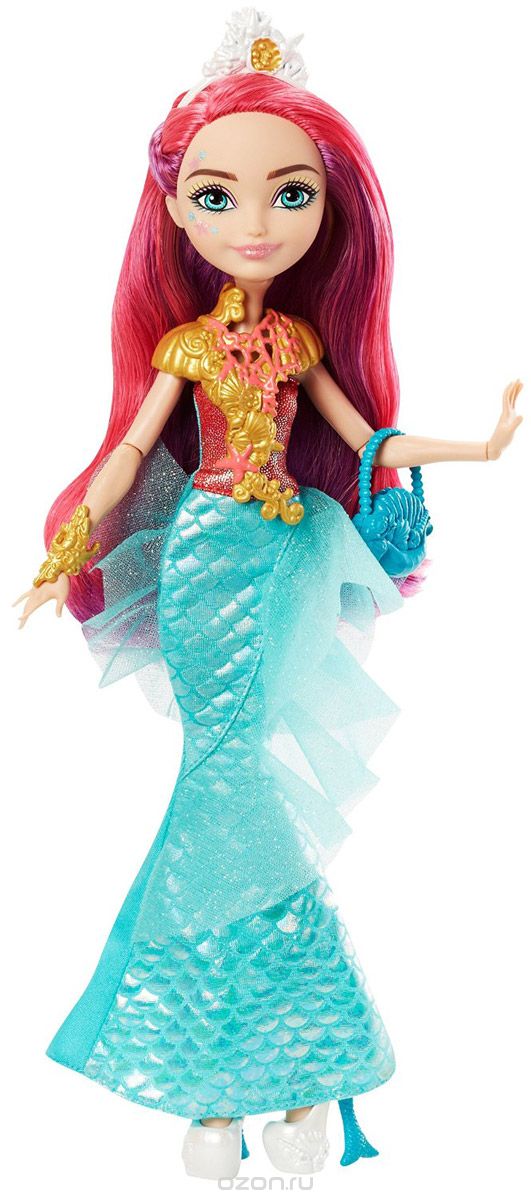 Ever After High Кукла Мишель МермейдDRM05_DHF96 Ever After High Кукла Мишель МермейдDRM05_DHF96Кукла Ever After High Мишель Мермейд является дочерью Русалочки. Одета кукла в платье с перламутровой юбкой в форме хвоста русалки. Вообще детали наряда Мишель говорят о том, что она дочь русалки и море - ее родная стихия. Например, туфельки, словно выполненные из жемчуга с каблуками в форме рыбьих хвостиков, или центральное ожерелье с изображениями кораллов и ракушек. Даже макияж куклы указывает на ее происхождение. На голове у куколки красуется тиара. У куклы сгибаются ноги и руки. Двигаются кисти рук. Поворачивается голова. В комплект к кукле входят сумочка в виде ракушки и история. Порадуйте своего ребенка таким подарком!