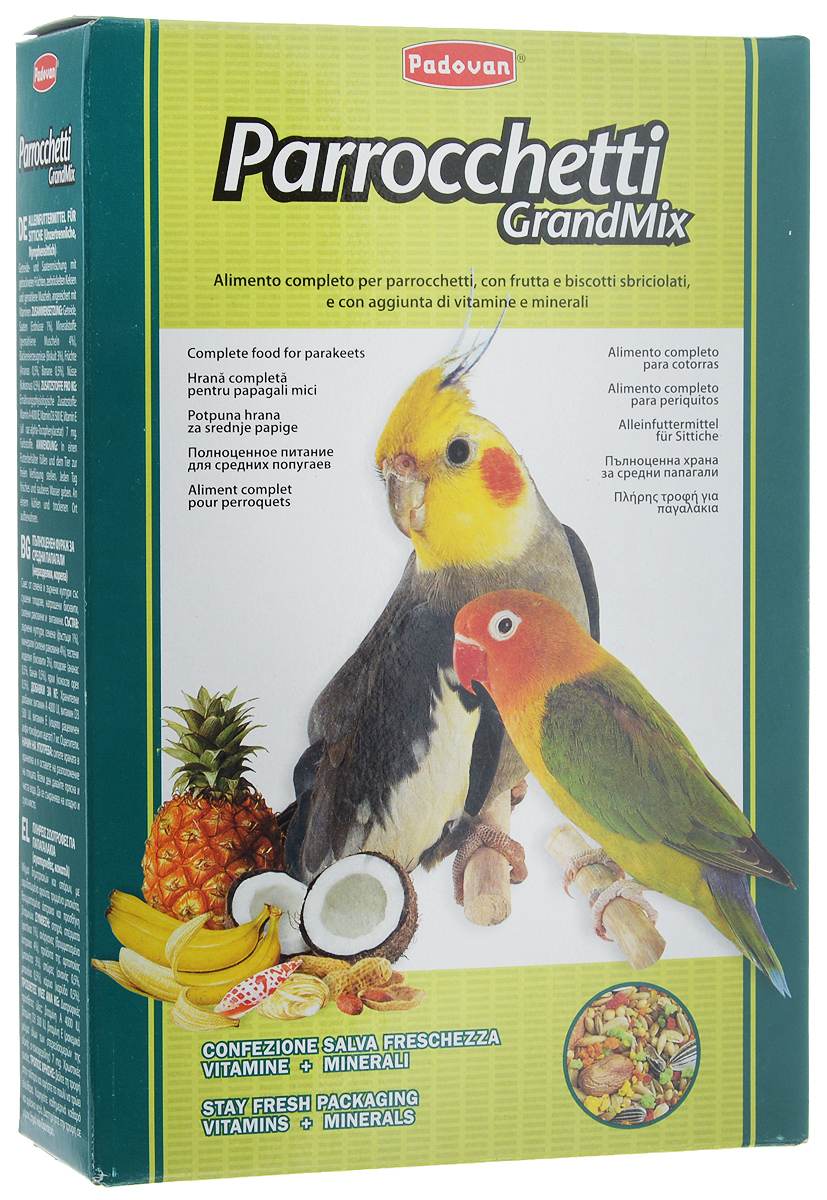 Корм для средних попугаев Padovan Parrocchetti GrandMix, 850 г16823 Корм для средних попугаев Padovan Parrocchetti GrandMix, 850 г16823Корм Padovan Parrocchetti GrandMix - это комплексный высококачественный основной корм для средних попугаев (неразлучники, кареллы и другие). Корм имеет в составе смесь зерен и семян с сушеными фруктами, раскрошенным печеньем и измельченными ракушками, а также витаминные добавки. Товар сертифицирован.