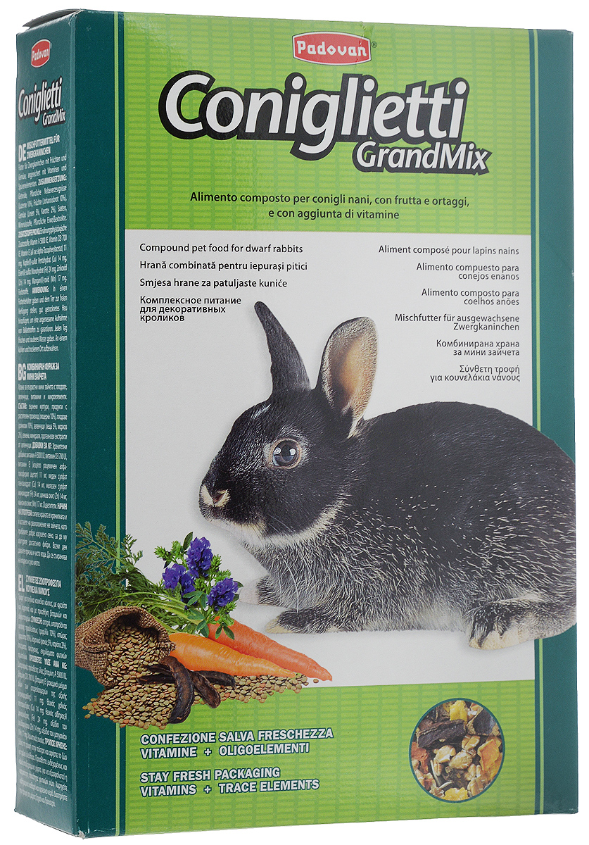 Корм для кроликов Padovan Grandmix Coniglietti, 850 г16827 Корм для кроликов Padovan Grandmix Coniglietti, 850 г16827Padovan Grandmix Coniglietti - комплексный, высококачественный основной корм для кроликов. Обогащен фруктами и овощами, витаминами и минералами. Корм предназначен для повседневного питания кроликов (особенно для кроликов карликовых пород). Питательная смесь из самых лучших злаков позаботится о запасе энергии для вашего любимца на каждый день, а полезные овощи и фрукты подарят все незаменимые витамины и микроэлементы, которые укрепят иммунную систему и помогут всему организму любимца оставаться здоровым и молодым как можно дольше. А природные масла сделают шерстку кролика еще мягче и эластичнее. Товар сертифицирован.