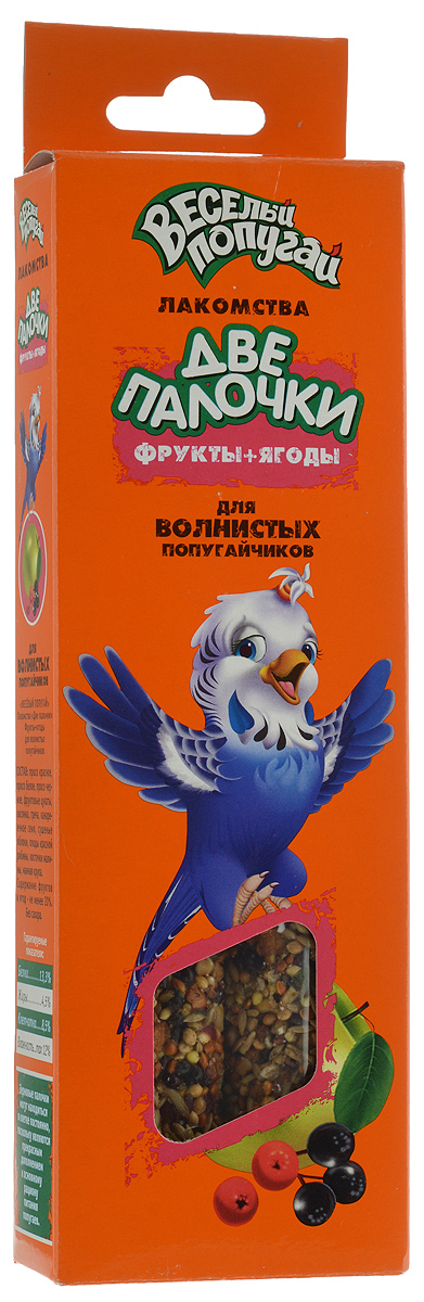 Лакомство для волнистых попугайчиков Веселый попугай Две Палочки, с фруктами и ягодами, 70 г, 2 шт721 Лакомство для волнистых попугайчиков Веселый попугай Две Палочки, с фруктами и ягодами, 70 г, 2 шт721Веселый попугай Две Палочки - потрясающие лакомства для волнистых попугайчиков с разнообразными фруктами и ягодами. Две Палочки упакованы в дополнительную упаковку, которая дольше и надежнее сохраняет лакомства и защищает их от проникновения всяких вредителей. Кроме того, они имеют удобное крепление, которое позволяет легко, быстро и надежно закрепить палочку на прутьях клетки. На них гораздо больше вкусностей благодаря тонкой деревянной палочке. Лакомства Веселый попугай Две Палочки - это не только вкусная игрушка для пернатого друга, но и полезная работа для клюва. Товар сертифицирован.