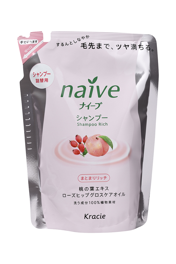 Kracie 71591 Naive Шампунь для сухих волос восст. Naive - экстракт персика и масло шиповн. (смен.), 400 м71591kr Kracie 71591 Naive Шампунь для сухих волос восст. Naive - экстракт персика и масло шиповн. (смен.), 400 м71591krОбеспечивает волосы необходимыми питательными и увлажняющими веществами. Благодаря моющим компонентам 100% растительного происхождения, шампунь не раздражает кожу головы, мягко моет волосы, придает им блеск и силу. • Гликозилтрегалоза (увлажняющее вещество аминокислотной группы) в сочетании с растительными экстрактами глубоко увлажняет волосы, предотвращая ломкость и секущиеся кончики. • Экстракт из листьев и мякоти плодов персикового дерева питает волосы, защищает от пересушивания, увлажняет и смягчает кожу головы. • Масло шиповника делает волосы блестящими и гладкими.