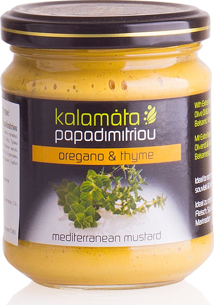 Papadimitriou горчица с душицей и чабрецом, 200 г12.0009 Papadimitriou горчица с душицей и чабрецом, 200 г12.0009Мягкая горчица в удобной упаковке. Kalamata Papadimitriou является ведущим брендом соусов и уксусов в Греции и экспортируется в разные страны по всему миру.