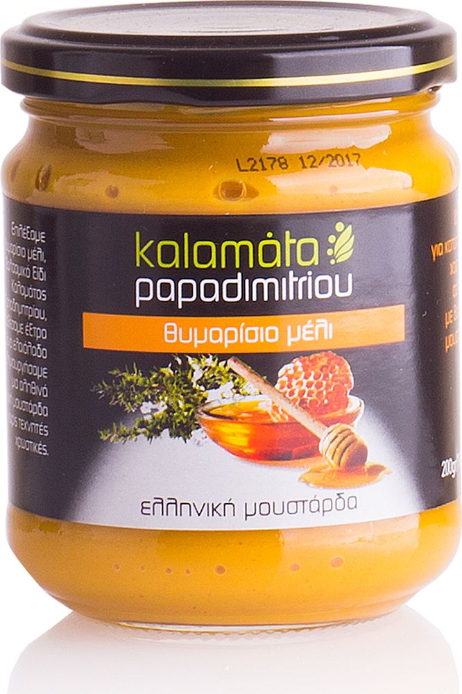 Papadimitriou горчица с медом тимьяна, 200 г12.0025 Papadimitriou горчица с медом тимьяна, 200 г12.0025Мягкая горчица в удобной упаковке. Kalamata Papadimitriou является ведущим брендом соусов и уксусов в Греции и экспортируется в разные страны по всему миру.