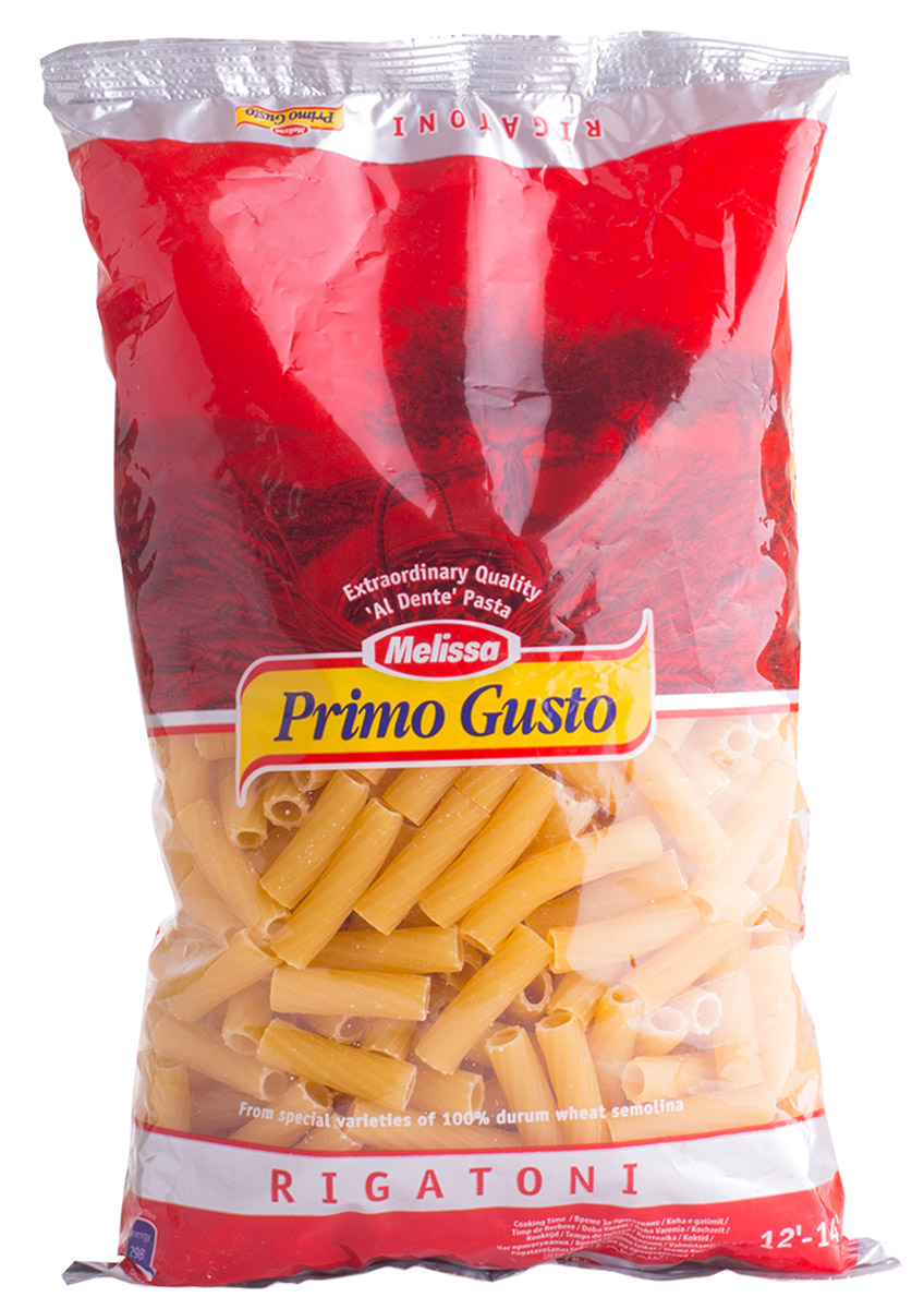 Melissa-Primo Gusto паста Ригатони трубочки, 500 г14.0005 Melissa-Primo Gusto паста Ригатони трубочки, 500 г14.0005Макаронные изделия Melissa Primo Gusto производятся исключительно из семолины - муки твердых сортов пшеницы специального (грубого) помола. Семолина используется для приготовления пасты, каши, пудингов и кускуса.