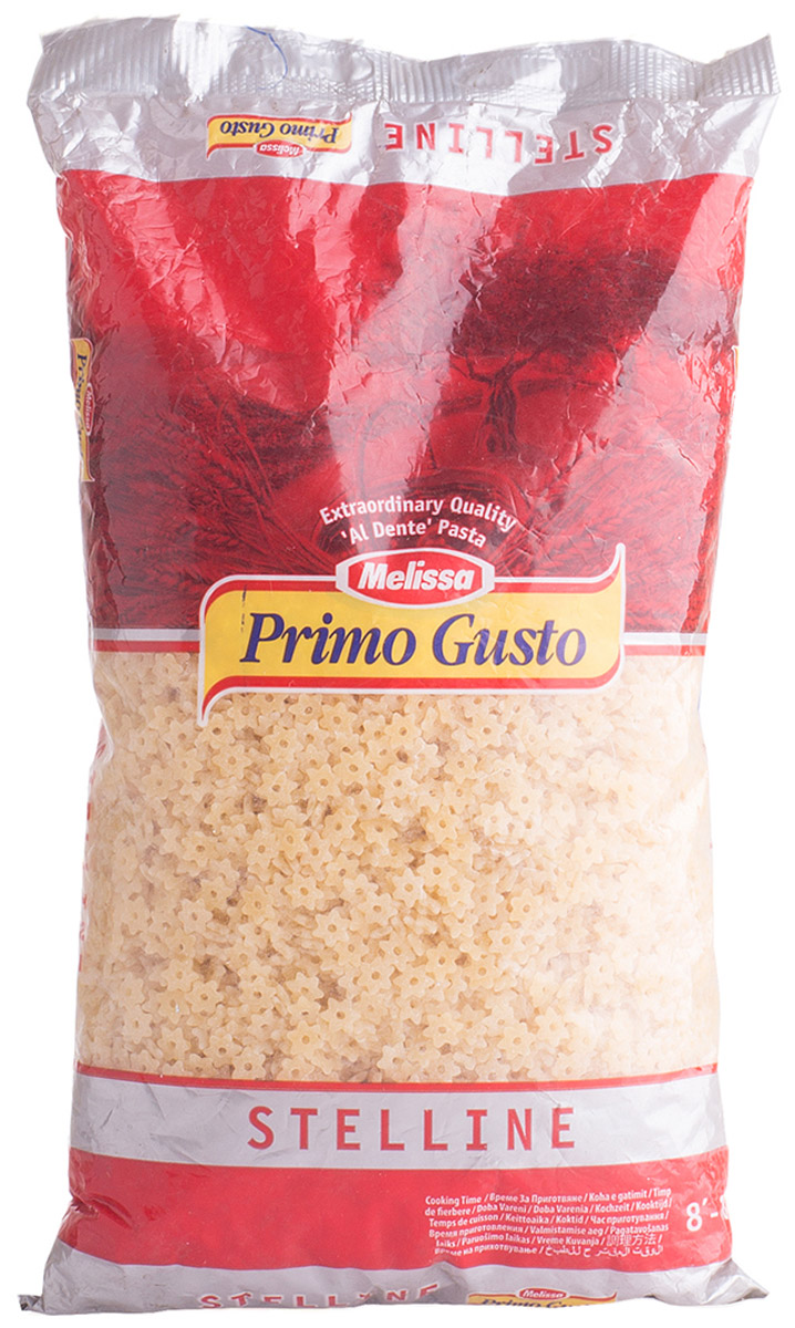 Melissa-Primo Gusto паста стеллини звездочки, 500 г14.0008 Melissa-Primo Gusto паста стеллини звездочки, 500 г14.0008Макаронные изделия Melissa Primo Gusto производятся исключительно из семолины - муки твердых сортов пшеницы специального (грубого) помола. Семолина используется для приготовления пасты, каши, пудингов и кускуса.