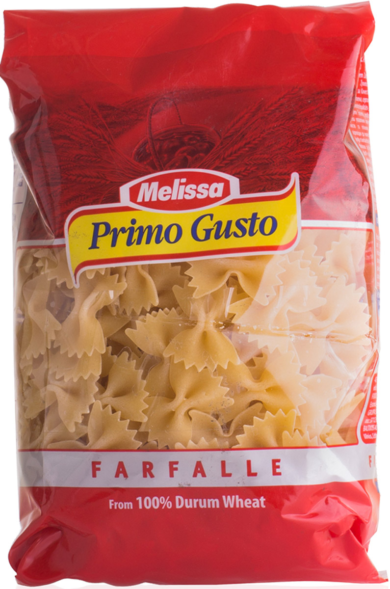 Melissa-Primo Gusto паста Фарфалле бантики, 500 г14.0017 Melissa-Primo Gusto паста Фарфалле бантики, 500 г14.0017Макаронные изделия Melissa Primo Gusto производятся исключительно из семолины - муки твердых сортов пшеницы специального (грубого) помола. Семолина используется для приготовления пасты, каши, пудингов и кускуса.