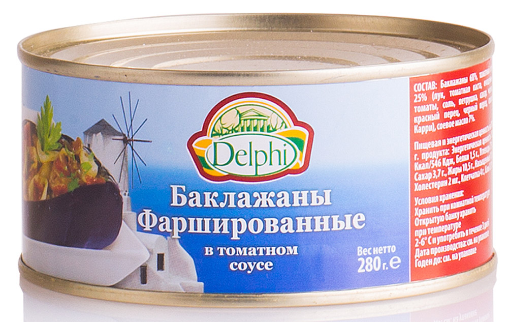Delphi Баклажаны фаршированные, 280 г42.0005 Delphi Баклажаны фаршированные, 280 г42.0005Половинки баклажана, запеченные в томатном соусе. Фаршированы овощами, упакованы в металлическую банку с легко открывающейся крышкой. Распространенное по всему Средиземноморью овощное блюдо.
