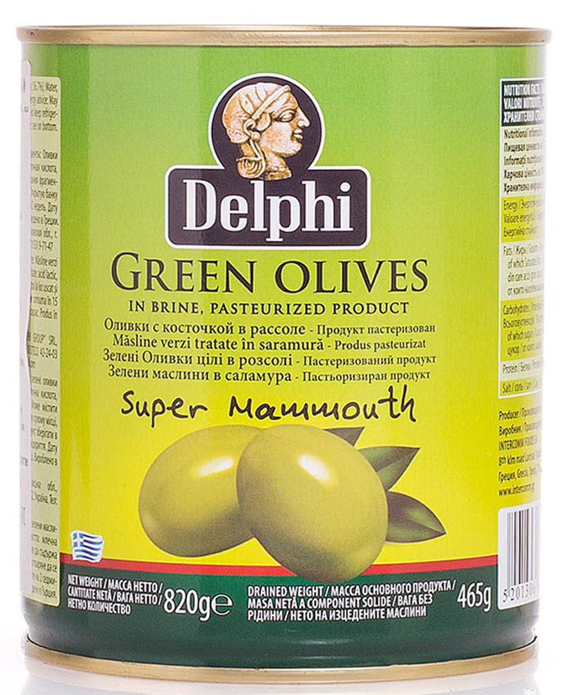 Delphi Оливки с косточкой в рассоле Super Mammouth 91-100, 820 г51.0022,1 Delphi Оливки с косточкой в рассоле Super Mammouth 91-100, 820 г51.0022,1В жестяной банке находятся зеленые отборные делфи оливки, выращенные на солнечном острове Крит, содержащие косточки, которые залиты рассолом.