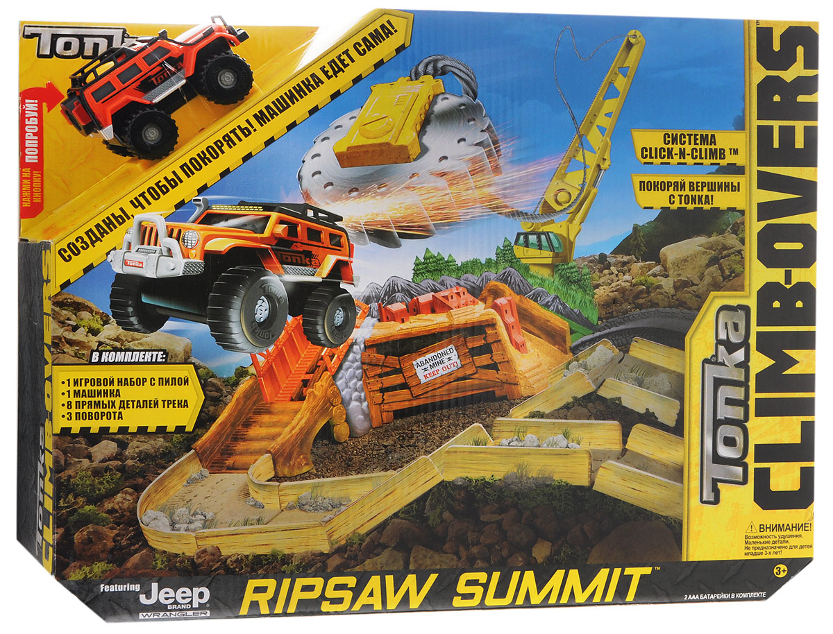 Tonka Игрушечный трек Ripsaw Summit06668T Tonka Игрушечный трек Ripsaw Summit06668TБольшой игрушечный трек Tonka Ripsaw Summit станет замечательным подарком для юного автогонщика. Яркие пластиковые детали трека легко соединяются между собой. Дорога светло-бежевого цвета овальной формы состоит из десяти секций. Она переходит в симпатичный серый мостик, который ведет в горной части трека, окруженной зелеными деревьями. Оранжевый джип с мощными черными колесами легко пройдет по бездорожью, где сможет устроить настоящую гонку. Также под горой находится таинственная заколоченная пещера. Игровой трек совместим со всеми машинками и треками из серии Climb-Overs. Рекомендуется докупить 2 батарейки напряжением 1,5V типа ААА (товар комплектуется демонстрационными).