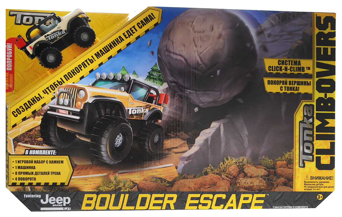 Tonka Игрушечный трек Boulder Escape06669T Tonka Игрушечный трек Boulder Escape06669TИгрушечный трек Tonka Trash Treader с машинкой Jeep станет замечательным подарком для юного автогонщика. Яркие детали трека легко соединяются между собой. Дорога светло-бежевого цвета овальной формы состоит из двенадцати секций. Она ведет в тоннель под горой, где автомобиль ожидает опасность - большой круглый камень может упасть сверху. Но бесстрашный джип с мощными черными колесами легко пройдет по бездорожью, где сможет устроить настоящую гонку. Игровой трек совместим со всеми машинками и треками из серии Climb-Overs. Рекомендуется докупить 2 батарейки напряжением 1,5V типа ААА (товар комплектуется демонстрационными).