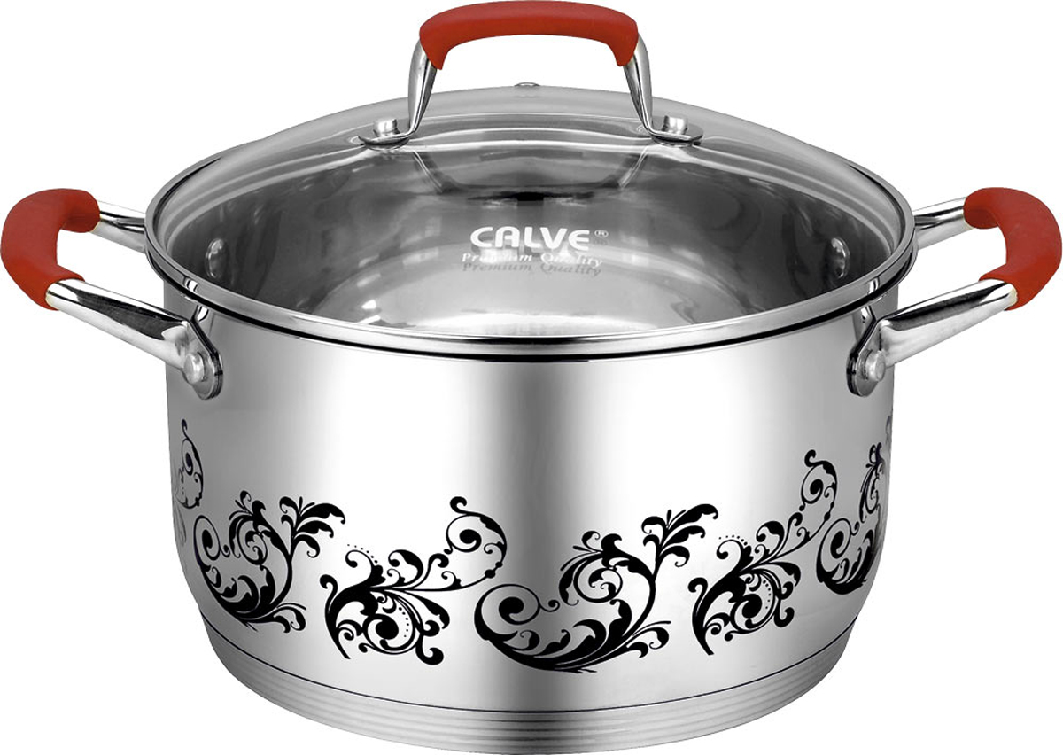 Кастрюля Calve с крышкой, цвет: серебристый, черный, красный, 6,2 лCL-1885 Кастрюля Calve с крышкой, цвет: серебристый, черный, красный, 6,2 лCL-1885Кастрюля Calve изготовлена из высококачественной нержавеющей стали 18/10, которая отличается прочностью, устойчивостью к коррозии и отсутствием вредных соединений при контакте с продуктами. Нержавеющая сталь 18/10 зарекомендовала себя как идеальный материал для кухонной посуды. Многослойное термоаккумулирующее дно обеспечивает идеальное распределение тепла. Изделие имеет эксклюзивный термосенсор. При нагревании, рисунок на кастрюли меняет цвет. Удобные ручки эргономичной формы выполены из стали. Силиконовые вставки препятствуют нагреванию. Надежное крепление ручки гарантирует безопасность использования. Удобные отметки литража на внутренней поверхности посуды позволяют не использовать при приготовлении дополнительную мерную посуду. Крышка из жаропрочного стекла позволяет следить за процессом приготовления, не открывая крышки. Специальное отверстие для выхода пара позволяет готовить с закрытой крышкой, предотвращая выкипание. Зеркальная полировка придает...