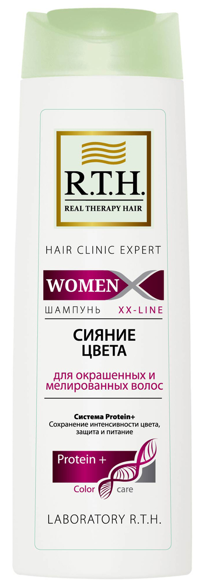 Шампунь R.T.H. Women Сияние цвета4604903000073 Шампунь R.T.H. Women Сияние цвета4604903000073Система c мягкими компонентами ухода в сочетании с гидролизованными протеинами и витаминами В5 и Е деликатно очищает окрашенные волосы, сохраняя интенсивность цвета, способствует восстановлению и увлажнению волос после агрессивного воздействия краски.