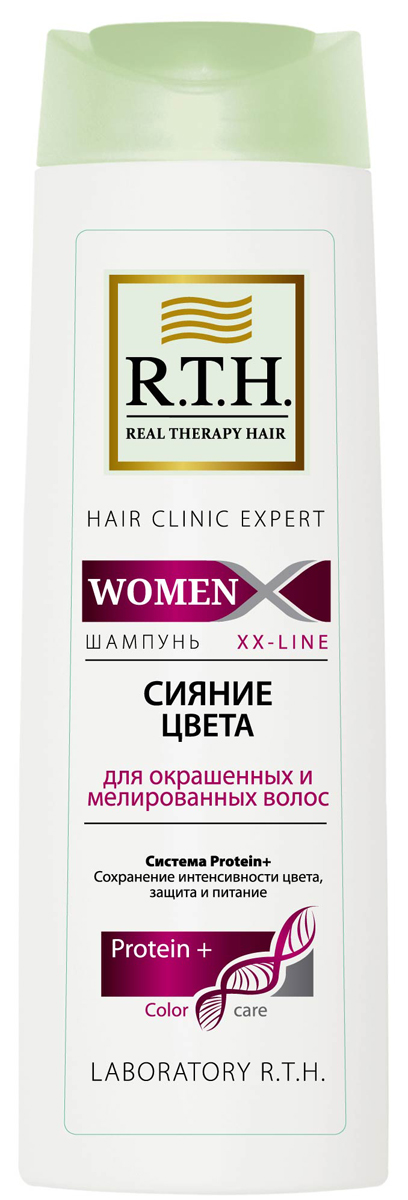Шампунь R.T.H. Women Сияние цвета4604903000080 Шампунь R.T.H. Women Сияние цвета4604903000080Система c мягкими компонентами ухода в сочетании с гидролизованными протеинами и витаминами В5 и Е деликатно очищает окрашенные волосы, сохраняя интенсивность цвета, способствует восстановлению и увлажнению волос после агрессивного воздействия краски.