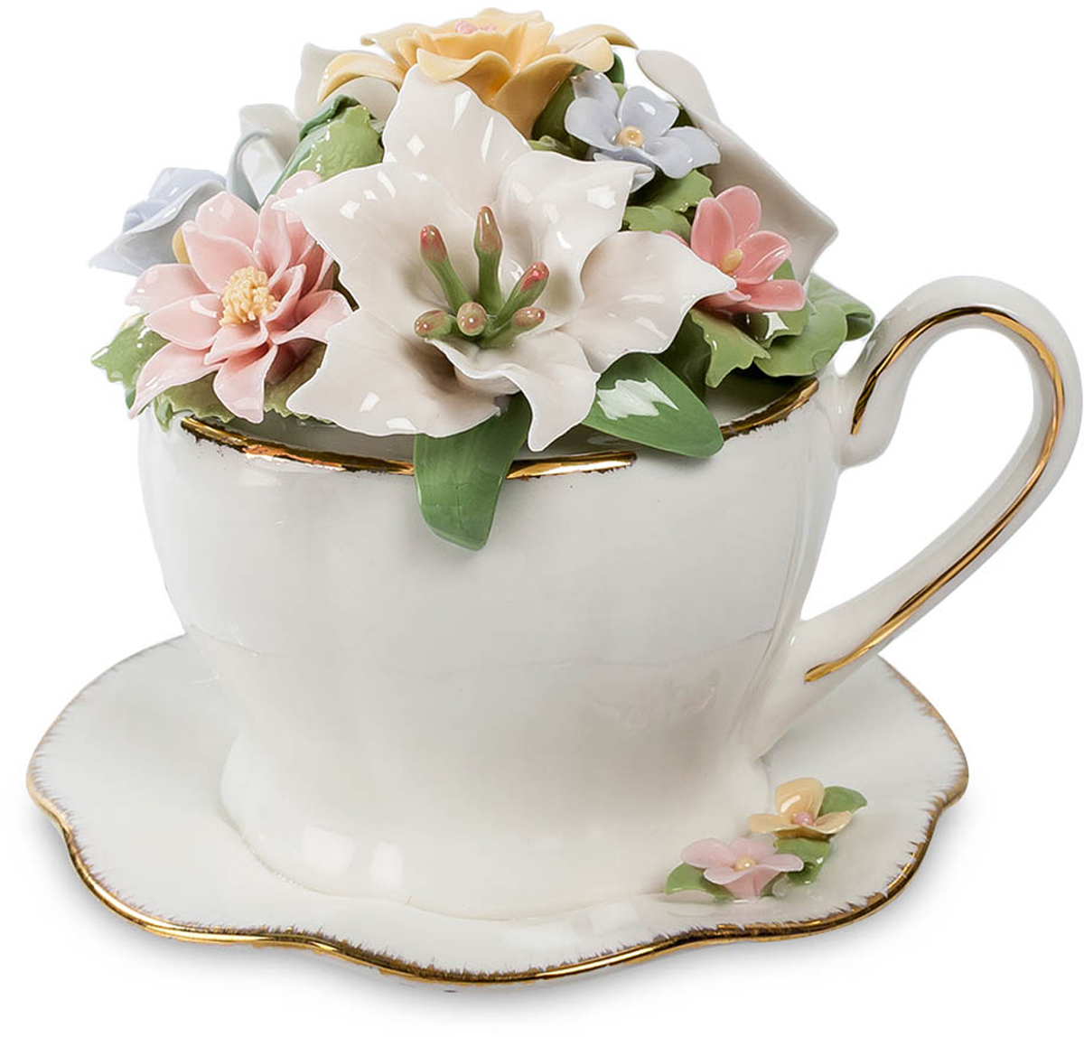 Музыкальная композиция Pavone Чашка с цветами. CMS-33/11CMS-33/11 Музыкальная композиция Pavone Чашка с цветами. CMS-33/11CMS-33/11Музыкальная композиция Чашка с цветами (Pavone) Из этой красивой чашки с позолоченными краями чаю не напиться. Все место внутри чайки занято цветами. Не верится, что эти разноцветные лепестки выполнены из фарфора – настолько они тонкие и яркие, как будто живые. Так что место для этой чашки с блюдечком и цветами – не на обеденном столе, а на полке с сувенирами. Такой своеобразный букет будет радовать круглый год, эти цветы не завянут никогда, каждый день и при любой погоде поднимая настроение. На день рождения любой женщине можно подарить букет живых цветов и такой вот букетик в чашке – на память. Один букет дополнит другой.