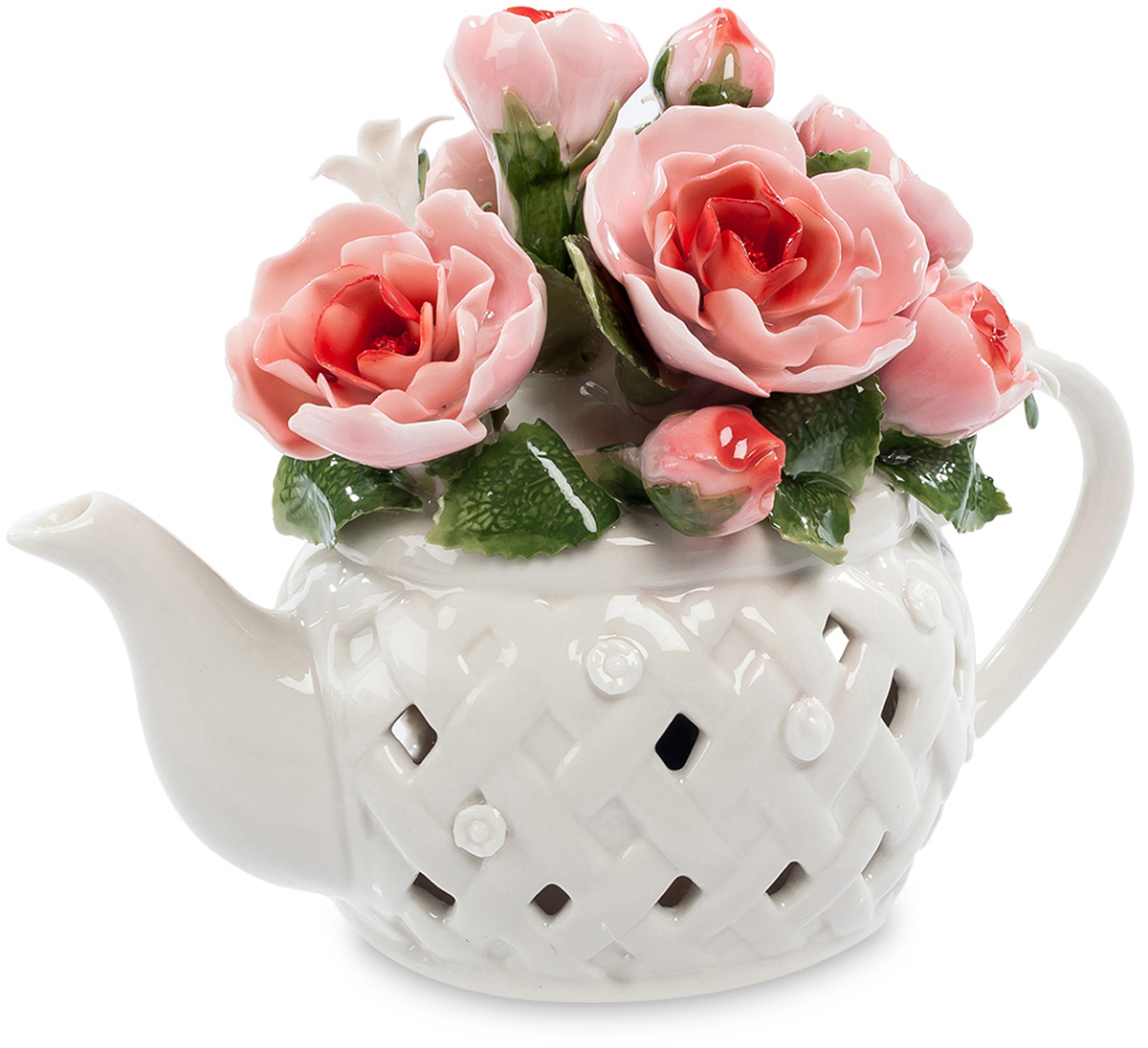 Музыкальная композиция Pavone Чайник с цветами. CMS-33/39CMS-33/39 Музыкальная композиция Pavone Чайник с цветами. CMS-33/39CMS-33/39Музыкальнаякомпозиция Чайник с цветами (Pavone) Этот белый заварочный чайник на самом деле не предназначен для приготовления в нем чая. Он является основой для размещения прекрасной цветочной композиции из нескольких ало-розовых роз. Каждый фарфоровый лепесток кажется живым, на зеленых листиках видны прожилки, этот букет в чайнике выглядит очень красиво и способен в любое время года создать праздничное настроение. Но есть в чайнике и еще один секрет – в него встроен музыкальный механизм, который достаточно просто завести, чтобы полились звуки приятной музыки. Такой многоцелевой сувенир – превосходный подарок, украшающий комнату и радующий слух.
