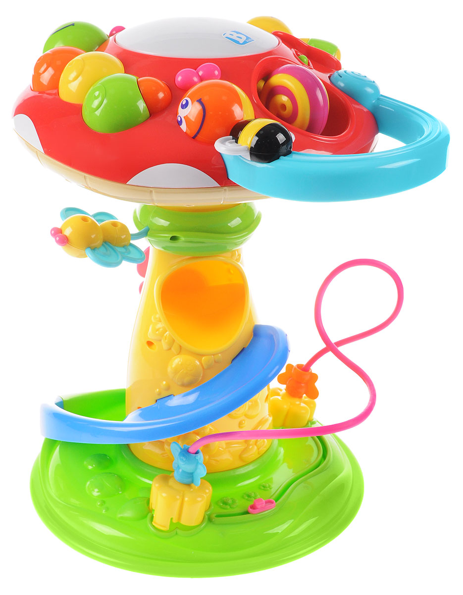 B kids Развивающий центр Удивительный грибок003980 B kids Развивающий центр Удивительный грибок003980Развивающий центр B kids Удивительный грибок рассчитан на детей нескольких возрастов. Помимо самого гриба в коробке вы найдете три шарика (один из которых - светящийся): бросайте их в отверстие на шляпке мухомора - шары будут скатываться вниз, а из гриба донесется приятная мелодия. В развивающий центр встроена популярная логическая игрушка лабиринт: здесь он небольшой, но приятной расцветки, с двумя мотыльками, которых можно передвигать от цветка к цветку по изогнутому пути. У основания гриба есть еще один подвижный персонаж - улитка. Она перемещается влево и вправо по короткой дорожке. На ножке гриба установлены шестеренки в виде цветов: их можно крутить. А шляпку венчает пианино в виде большой гусеницы, каждый сегмент которой воспроизводит свой звук. Шляпка отделяется, и с пианино можно играть лежа. Диаметр шляпки гриба: 30 см. Высота гриба: 40 см. Для детей от 9 месяцев. Для работы игрушки необходимы 2 батарейки типа АА напряжением...
