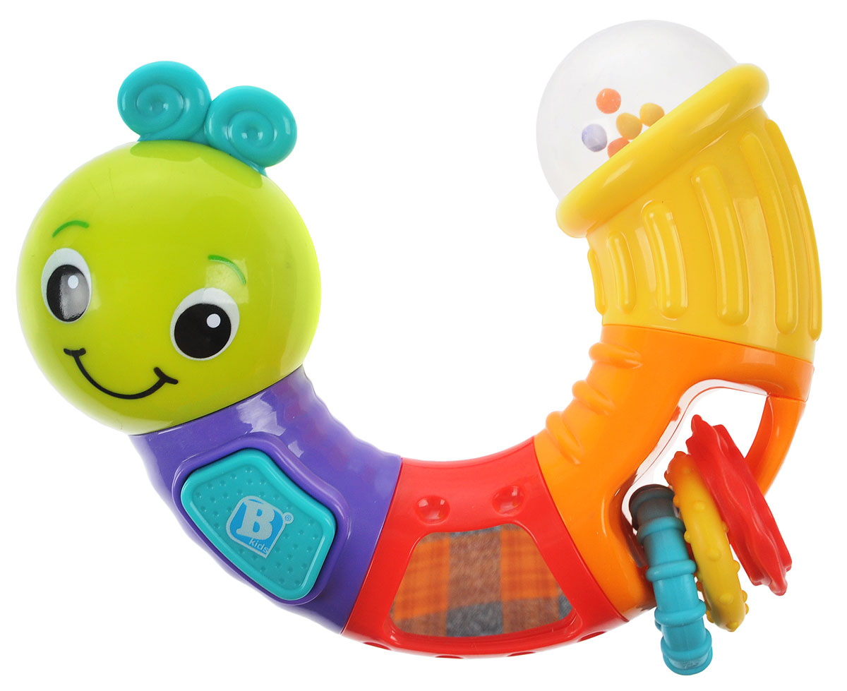 B kids Развивающая игрушка Веселая гусеничка 005129005129 B kids Развивающая игрушка Веселая гусеничка 005129005129Развивающая игрушка B kids Веселая гусеничка - то, что нужно для малышей, которые начинают осваивать мир: учатся различать цвета, звуки, формы. Пластиковая гусеница легко моется. Ее можно грызть, в одной из секций тела гусенички вставлены 3 удобных прорезывателя для зубов - колечки с рельефной поверхностью, которые можно крутить в руках, ощупывать пальчиками, передвигать. В этой игрушке есть и другие функции: пищалка (при нажатии на кнопку раздается писк), погремушка (разноцветные шарики в хвосте гусенички перекатываются и шуршат при встряхивании), а также безопасное зеркало - малыши любят себя разглядывать. Для детей от 3 месяцев.