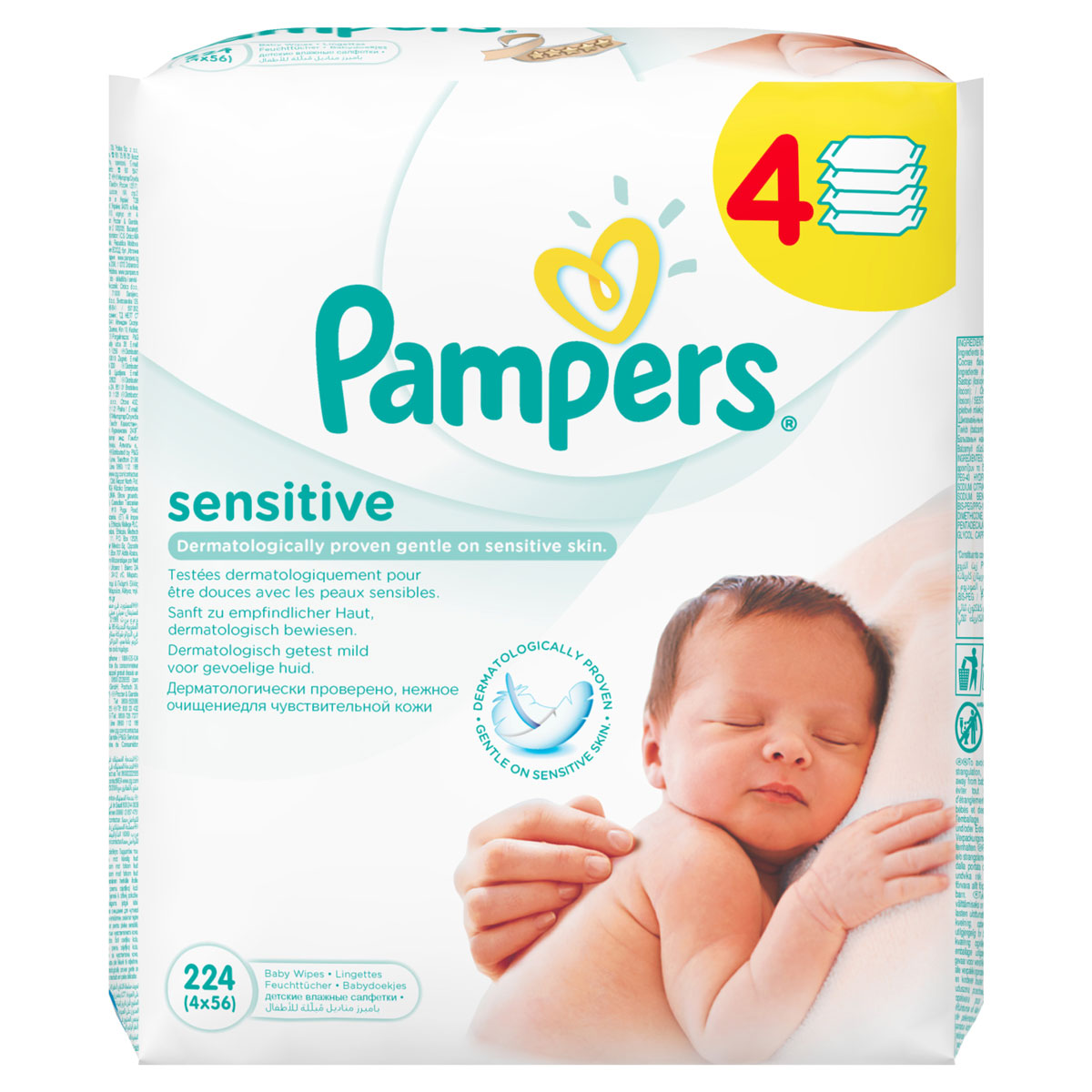 Pampers Влажные салфетки детские Sensitive 224 штPA-81551845 Pampers Влажные салфетки детские Sensitive 224 штPA-81551845Каждый малыш нуждается в нежном очищении, именно поэтому влажные салфетки Pampers Sensitive позволяют бережно заботиться о детской коже. Благодаря своей уникальной мягкой текстуре SoftGrip и дополнительному увлажнению, они очищают кожу малыша еще нежнее, чем раньше, поддерживая естественный уровень pH. Новые салфетки стали на 15% плотнее, чем Pampers Baby Fresh. Чтобы мамам было удобно открывать и закрывать упаковку, а салфетки оставались влажными как можно дольше, добавлена специальная крышечка для многоразового пользования. Не бойтесь сюрпризов с Pampers Sensitive! В упаковке 224 салфетки.