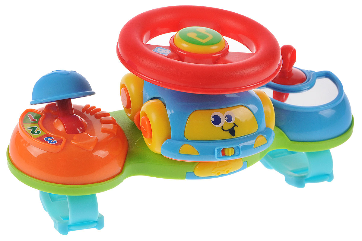 B kids Развивающая игрушка Маленький водитель003969 B kids Развивающая игрушка Маленький водитель003969Развивающая игрушка B kids Маленький водитель - это одновременно игровая панель на коляску и симпатичная машинка со съемным рулем на крыше. Довольно компактные размеры игровой панели никак не влияют на ее функционал: здесь есть и руль, и ключ зажигания, и переключатель скоростей, и безопасное зеркало, и трещотка. Если вы нажмете на кнопку в центре руля, зазвучит веселая музыка. Вы можете отделить машинку с рулем на крыше, и катать автомобиль отдельно. Кроме того, руль можно снять с крыши авто. С помощью пластиковых ремней панель можно закрепить как на коляске, так и на автокресле. Игрушка предназначена для детей старше 6 месяцев. Для работы игрушки необходимы 2 батарейки типа LR44 напряжением 1,5V (товар комплектуется демонстрационными).