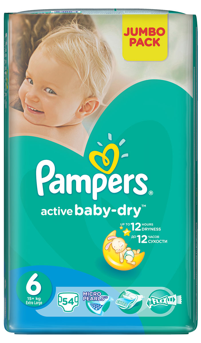Pampers Подгузники Active Baby-Dry от 15 кг (размер 6) 54 штPA-81446621 Pampers Подгузники Active Baby-Dry от 15 кг (размер 6) 54 штPA-81446621Подгузники Active Baby-Dry до 2х раз суше, чем обычный подгузник. Для каждого доброго утра нужно, до 12 часов сухости ночью. Вот почему подгузники Pampers Active Baby-Dry имеют жемчужные микрогранулы, которые впитывают влаги до 30 раз больше собственного веса и надежно удерживают ее внутри подгузника. Просыпайтесь радостно каждое утро с подгузниками Pampers New Baby-Dry. - Мягкий уникальный верхний слой моментально впитывает влагу с кожи. - Жемчужные микрогранулы впитывают влаги до 30 раз больше собственного веса. - Экстра слой абсорбирует жидкость и распределяет ее по подгузнику. - Тянущиеся боковинки разработаны, чтоб малышу было комфортно двигаться, а подгузник сидел плотно.