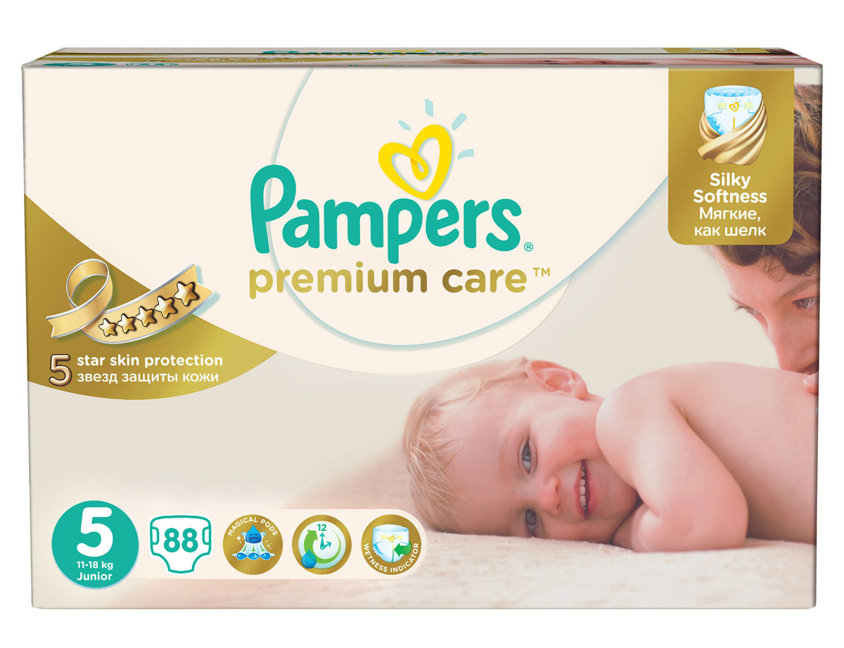 Pampers Подгузники Premium Care 11-18 кг (размер 5) 88 штPA-81492808 Pampers Подгузники Premium Care 11-18 кг (размер 5) 88 штPA-81492808Новые Pampers Premium Care - подгузники, которые обеспечивают защиту кожи 5 звезд и дарят непревзойденную мягкость шелка. Это первые и единственные подгузники с впитывающими каналами, обеспечивающими до 12 часов сухости. - Мягкие, как шелк, ведь нежная ромбовидная текстура внутреннего слоя создает ощущение первоклассной мягкости и воздушности. - Уникальная технология впитывающего слоя - три впитывающих канала - помогает равномерно распределять влагу по поверхности подгузника, обеспечивая сухость до 12 часов. - Дышащие материалы, благодаря которым внешний слой Premium Care обеспечивает естественную циркуляцию воздуха, снижая уровень испарений внутри подгузника, и, как следствие, уменьшая риск возникновения дерматита. - Индикатор влаги - специальная полоска, которая меняет желтый цвет на синий, - подсказывает, когда нужно сменить подгузник. - Эластичные тянущиеся боковинки для максимального комфорта и защиты от протекания. - Специальный вырез...