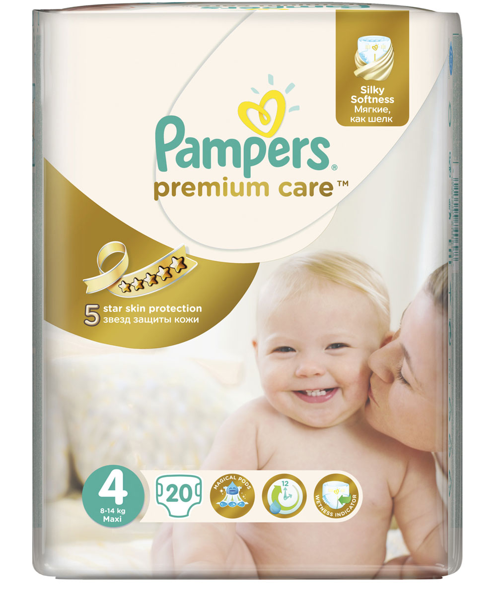 Pampers Подгузники Premium Care 8-14 кг (размер 4) 20 штPA-81531152 Pampers Подгузники Premium Care 8-14 кг (размер 4) 20 штPA-81531152Новые Pampers Premium Care - подгузники, которые обеспечивают защиту кожи 5 звезд и дарят непревзойденную мягкость шелка. Это первые и единственные подгузники с впитывающими каналами, обеспечивающими до 12 часов сухости. - Мягкие, как шелк, ведь нежная ромбовидная текстура внутреннего слоя создает ощущение первоклассной мягкости и воздушности. - Уникальная технология впитывающего слоя - три впитывающих канала - помогает равномерно распределять влагу по поверхности подгузника, обеспечивая сухость до 12 часов. - Дышащие материалы, благодаря которым внешний слой Premium Care обеспечивает естественную циркуляцию воздуха, снижая уровень испарений внутри подгузника, и, как следствие, уменьшая риск возникновения дерматита. - Индикатор влаги - специальная полоска, которая меняет желтый цвет на синий, - подсказывает, когда нужно сменить подгузник. - Эластичные тянущиеся боковинки для максимального комфорта и защиты от протекания. - Специальный вырез...