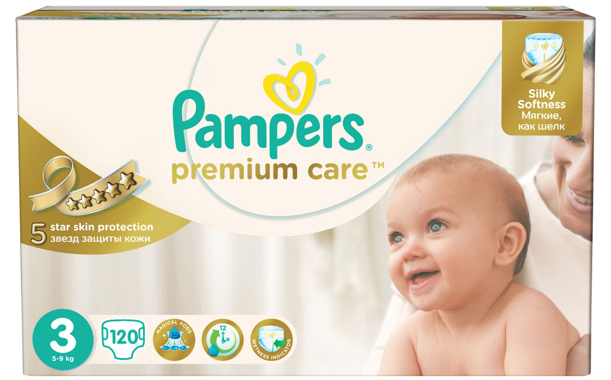 Pampers Подгузники Premium Care 5-9 кг (размер 3) 120 штPA-81407288 Pampers Подгузники Premium Care 5-9 кг (размер 3) 120 штPA-81407288Новые Pampers Premium Care - подгузники, которые обеспечивают защиту кожи 5 звезд и дарят непревзойденную мягкость шелка. Это первые и единственные подгузники с впитывающими каналами, обеспечивающими до 12 часов сухости. - Мягкие, как шелк, ведь нежная ромбовидная текстура внутреннего слоя создает ощущение первоклассной мягкости и воздушности. - Уникальная технология впитывающего слоя - три впитывающих канала - помогает равномерно распределять влагу по поверхности подгузника, обеспечивая сухость до 12 часов. - Дышащие материалы, благодаря которым внешний слой Premium Care обеспечивает естественную циркуляцию воздуха, снижая уровень испарений внутри подгузника, и, как следствие, уменьшая риск возникновения дерматита. - Индикатор влаги - специальная полоска, которая меняет желтый цвет на синий, - подсказывает, когда нужно сменить подгузник. - Эластичные тянущиеся боковинки для максимального комфорта и защиты от протекания. - Специальный вырез...