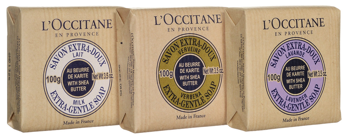 L`Occitane Набор Мыльное трио: Мыло туалетное Вербена 100гр, Мыло туалетное Лаванда 100гр, Мыло туалетное Молоко 100гр057118 L`Occitane Набор Мыльное трио: Мыло туалетное Вербена 100гр, Мыло туалетное Лаванда 100гр, Мыло туалетное Молоко 100гр057118Мыло Вербена, Лаванда и Молоко Великолепно подходит для ежедневного использования. Содержит 100%-ую натуральную основу, обогащен Маслом Карите. Подходит для мужчин, женщин и детей. Входящий в состав мыла экстракт из листьев вербены лимонной обладает тонизирующими и освежающими свойствами и бодрящим лимонным ароматом; розмарин насыщен эфирным маслом с антисептическими, антиоксидантными, очищающими, успокаивающими свойствами.
