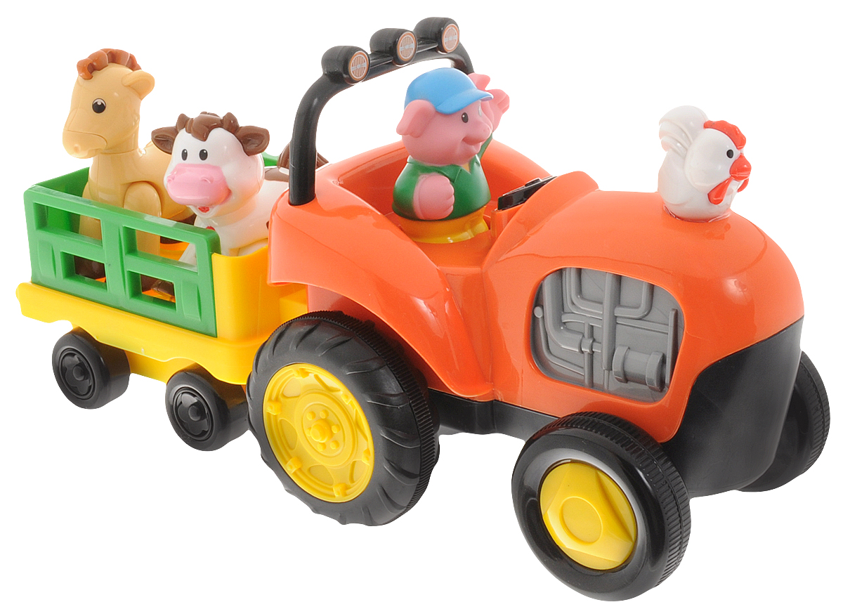 Kiddieland Развивающая игрушка Трактор фермера с животнымиKID 052746 Kiddieland Развивающая игрушка Трактор фермера с животнымиKID 052746Игровой развивающий набор Kiddieland Трактор фермера с животными - это яркая многофункциональная игрушка для малышей в виде трактора с мигающими огоньками, приятной музыкой и забавными звуками. Трактор умеет ездить, что позволяет стимулировать малыша к ползанию или к ходьбе за ним. За рулем трактора сидит веселый фермер-поросенок, который везет домашних животных: лошадку и коровку. На капоте трактора сидит петушок. Зверушки едут в отдельном прицепе, у каждого животного есть свое отдельное место. При нажатии на фигурки они издают соответствующие реалистичные звуки и поют песенки. Трактор начинает движение, если нажать на руль. Его движение сопровождается очень реалистичным звуком двигателя и тормозов. Фигурки снимаются с трактора, поэтому с ними можно играть отдельно. Игрушка развивает мелкую моторику, мышление, зрительное и звуковое восприятие, повышает двигательную активность малышей. Рекомендуемый возраст: от 12 месяцев. Питание: 3 батарейки типа АА...
