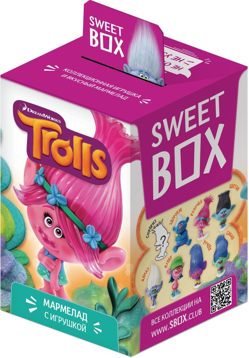 Мармелад с игрушкой Sweet Box "Тролли" - отличный подарок для вашего ребенка. Уникальная коллекция из 8 фигурок. 6 игрушек меняют цвет волос при погружении в горячую или холодную воду.