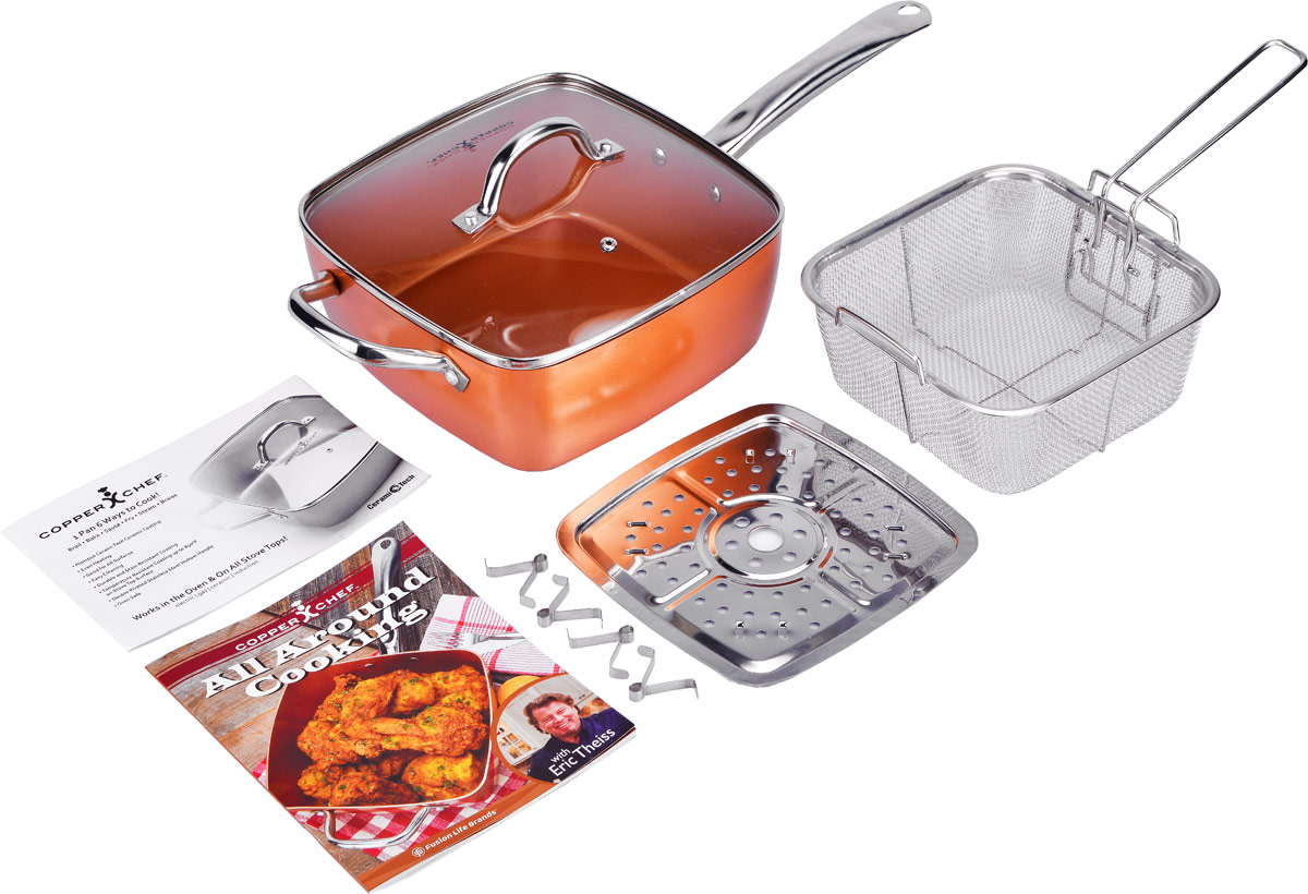 Сотейник Copper Chef с крышкой, с керамическим покрытием, с корзиной, с поддоном, с рецептами, 24 х 24 смKC15053-04000 Сотейник Copper Chef с крышкой, с керамическим покрытием, с корзиной, с поддоном, с рецептами, 24 х 24 смKC15053-04000Сотейник Copper Chef изготовлен из высококачественного алюминия с антипригарным керамическим покрытием. Благодаря керамическому покрытию пища не пригорает и не прилипает к поверхности сотейника, что позволяет готовить с минимальным количеством масла. Кроме того, такое покрытие абсолютно безопасно для здоровья человека. Достоинства керамического покрытия: - устойчивость к высоким температурам и резким перепадам температур; - устойчивость к коррозии; - водоотталкивающий эффект; - покрытие способствует испарению воды во время готовки; - длительный срок службы; - безопасность для окружающей среды и человека. Изделие оснащено полыми ручками из нержавеющей стали и стеклянной крышкой с ручкой и отверстием для выхода пара. В комплект входят корзина для фритюра с ручкой и поддоном для варки на пару с ножками. Изделия выполнены из нержавеющей стали. А также входит буклет с рецептами. Сотейник...
