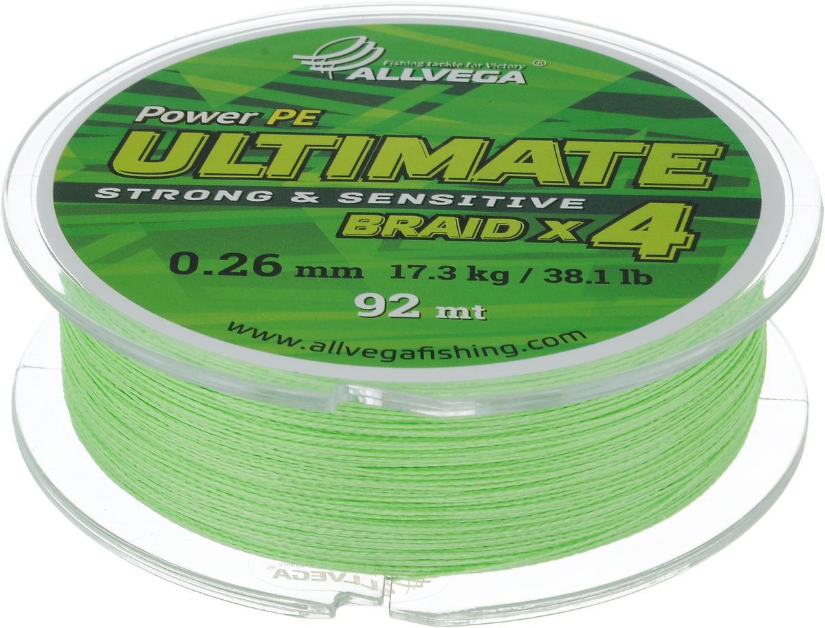 Леска плетеная Allvega Ultimate, цвет: светло-зеленый, 92 м, 0,26 мм, 17,3 кг59267 Леска плетеная Allvega Ultimate, цвет: светло-зеленый, 92 м, 0,26 мм, 17,3 кг59267Леска Allvega Ultimate с гладкой поверхностью и одинаковым сечением по всей длине обладает высокой износостойкостью. Леска изготовлена из высокотехнологичного материала (Power РЕ) методом плетения 4 прядей, покрытых специальным полимерным составом. Основными положительными качествами лески Allvega Ultimate являются: устойчивость к внешнему воздействию и максимальная чувствительность при поклевке, что обусловлено почти нулевой растяжимостью. Данные показатели крайне важны при ловле на бровках и в корягах. А круглая и гладкая поверхность лески обеспечивает ровную и плотную укладку на шпуле катушки, что позволяет делать дальний и точный заброс, делая леску универсальной для ловли любым видом спиннинга. Леску Allvega Ultimate можно применять в любых типах водоемов. Особенности: повышенная износостойкость; высокая чувствительность - коэффициент растяжения близок к нулю; идеально гладкая поверхность позволяет увеличить дальность забросов; ...