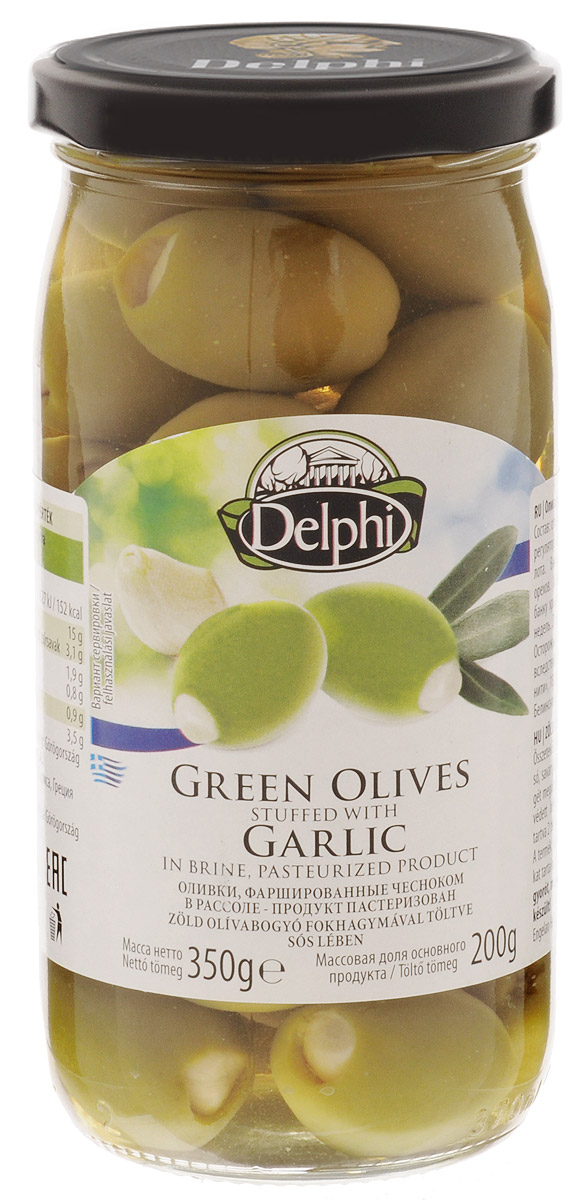 Delphi Оливки фаршированные чесноком, 350 г51.0023 Delphi Оливки фаршированные чесноком, 350 г51.0023Зеленые оливки с хрустящим чесноком в рассоле имеют пикантный оливково-чесночный вкус, аромат которого довольно сбалансирован. Чеснок остается таким же хрустящим, а оливки придают ему мягкость. Вместе они составляют удачную комбинацию и станут хорошим дополнением к напиткам, но могут пригодиться и отдельно в качестве легкой закуски.