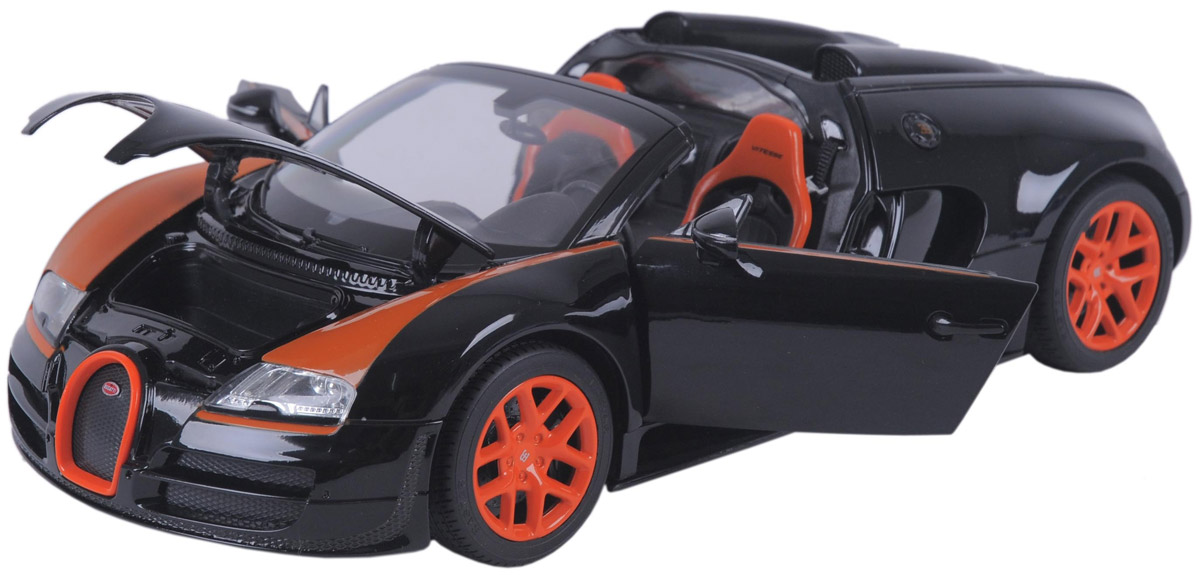 Rastar Модель автомобиля Bugatti Veyron 16.4 Grand Sport Vitesse цвет черный43900_черный Rastar Модель автомобиля Bugatti Veyron 16.4 Grand Sport Vitesse цвет черный43900_черныйМодель автомобиля Rastar Bugatti Veyron 16.4 Grand Sport Vitesse привлечет внимание как ребенка, так и взрослого коллекционера. Машина является точной уменьшенной копией настоящего автомобиля в масштабе 1:18. Модель выполнена из металла с использованием пластика и оснащена резиновыми колесами, обеспечивающими хорошее сцепление с любой поверхностью пола. Колеса и руль вращаются, дверцы открываются. Модель автомобиля Rastar Bugatti Veyron 16.4 Grand Sport Vitesse станет отличным подарком и украшением любой коллекции!