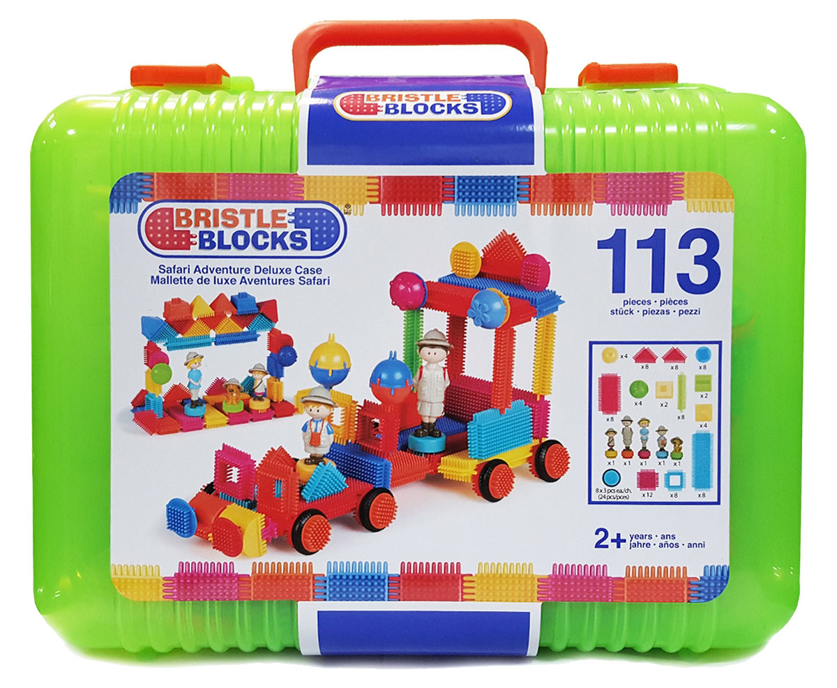 Bristle Blocks Конструктор Safari Adventure Deluxe Case68167 Bristle Blocks Конструктор Safari Adventure Deluxe Case68167Оригинальный игольчатый конструктор Bristle Blocks Safari Adventure Deluxe Case - тактильный детский конструктор, который позволит вашему ребенку проявить фантазию. Игрушки Bristle Blocks имеют неповторимый дизайн, максимально безопасны и надежны и, что не менее важно, обладают высоким развивающим потенциалом. Увлекательный конструктор состоит из множества ярких щетинистых блоков разной формы, размеров и цветов. Пластиковые элементы легко и быстро скрепляются, при этом обеспечивая прочное сцепление. Ваш ребенок будет часами сидеть за творческой работой, соединяя необычные игольчатые элементы в уникальные сооружения. А дополнительные фигурки помогут развернуть настоящий игровой сюжет. Комплект включает 104 игольчатых блока и 9 фигурок для сборки конструктора. Конструктор упакован в закрывающийся пластиковый чемоданчик с ручкой, удобный для хранения и переноски. Игольчатый конструктор Bristle Blocks Safari Adventure Deluxe Case поможет ребенку развить мелкую моторику...
