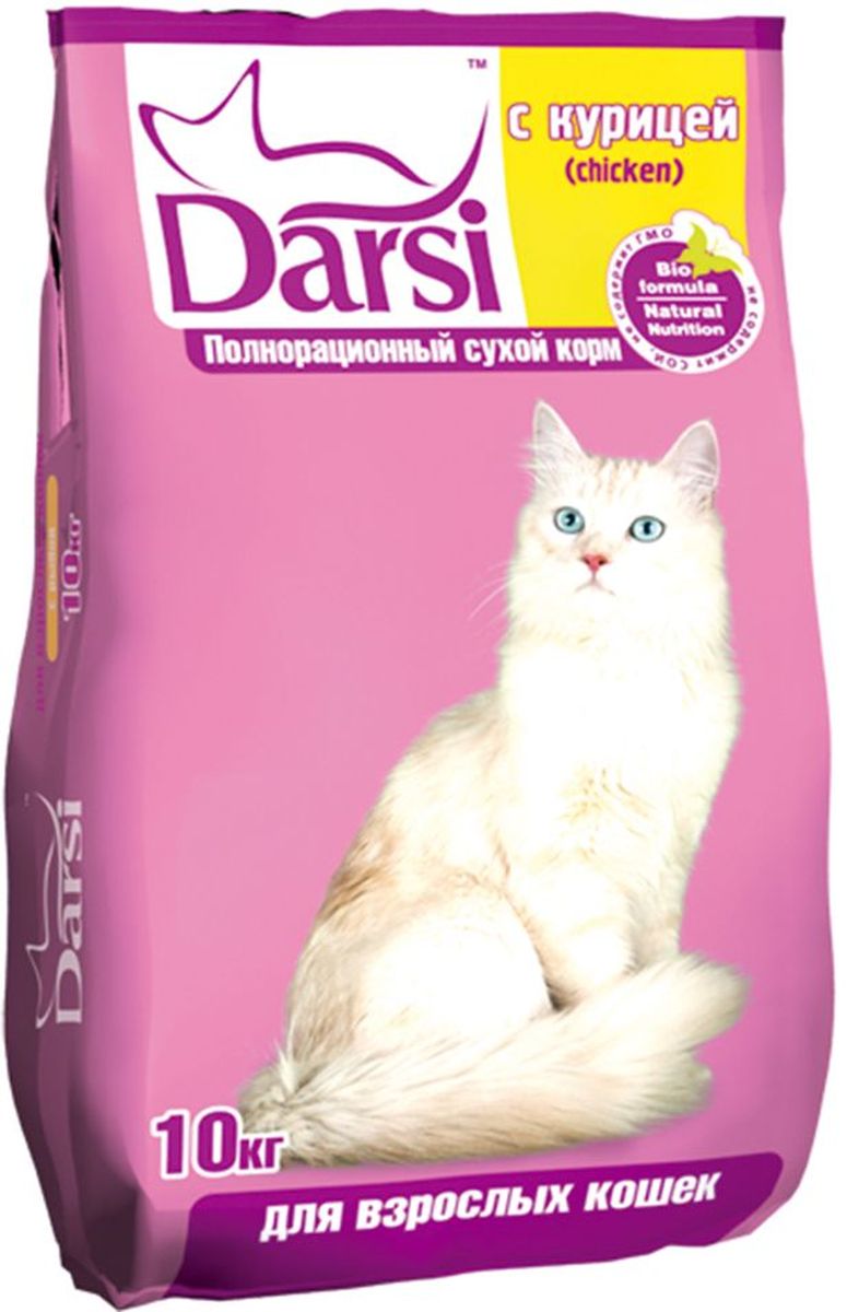 Корм сухой Darsi для кошек, с курицей, 10 кг. 01770177 Корм сухой Darsi для кошек, с курицей, 10 кг. 01770177Полнорационный сухой корм для кошек, с курицей. Состав: злаки и продукты их переработки, мясо и субпродукты животного происхождения (мин. 4% птицы), рыба и продукты из рыбы, масла и жиры, витамины и минеральные вещества. Пищевая ценность: протеин - 30,0%, жир - 10,0 %, зола - 9,0%, клетчатка - 3,0%, влажность не более 10,0%, кальций -19,0 г/кг, фосфор - 13,0 г/кг, медь - 10 мг/кг, витамин А - 24 000 МЕ/кг, витамин D3 - 2 000 МЕ/кг, витамин Е - 110 мг/кг. Энергетическая ценность на 100 г: 327 ккал