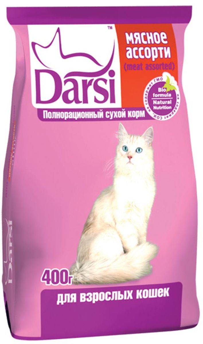 Корм сухой для кошек Darsi, мясное ассорти, 400 г0184 Корм сухой для кошек Darsi, мясное ассорти, 400 г0184Полнорационный корм Darsi из натуральных ингредиентов, создан в соответствии с потребностями в питании кошек. Корм содержит только натуральное свежее мясо и другие высококачественные субпродукты, а также рыбу, злаковые, жиры и масла. В кормах есть необходимый для кошек витаминно-минеральный комплекс. Не содержит сою и ГМО. Состав: злаки и продукты их переработки, мясо и субпродукты животного происхождения (мин. 20%), рыба и продукты из рыбы, масла и жиры, витамины и минеральные вещества, краситель. Пищевая ценность: протеин - 30,0%, жир - 10,0 %, зола - 9,0%, клетчатка - 3,0%, влажность не более 10,0%, кальций -19,0 г/кг, фосфор - 13,0 г/кг, медь - 10 мг/кг, витамин А - 24 000 МЕ/кг, витамин D3 - 2 000 МЕ/кг, витамин Е - 110 мг/кг. Энергетическая ценность на 100 г: 327 ккал. Товар сертифицирован.