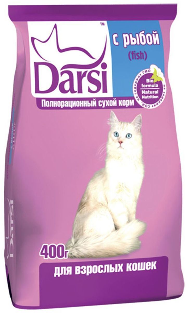 Корм сухой Darsi для кошек, с рыбой, 400 г. 02380238 Корм сухой Darsi для кошек, с рыбой, 400 г. 02380238Полнорационный сухой корм Darsi для кошек, с рыбой. Состав: злаки и продукты их переработки, рыба и продукты из рыбы (мин. 4%), мясо и субпродукты животного происхождения, масла и жиры, витамины и минеральные вещества. Пищевая ценность: протеин - 30,0%, жир - 10,0 %, зола - 9,0%, клетчатка - 3,0%, влажность не более 10,0%, кальций - 19,0 г/кг, фосфор - 13,0 г/кг, медь - 10 мг/кг, витамин А - 24 000 МЕ/кг, витамин D3 - 2 000 МЕ/кг, витамин Е - 110 мг/кг. Энергетическая ценность на 100 г: 327 ккал