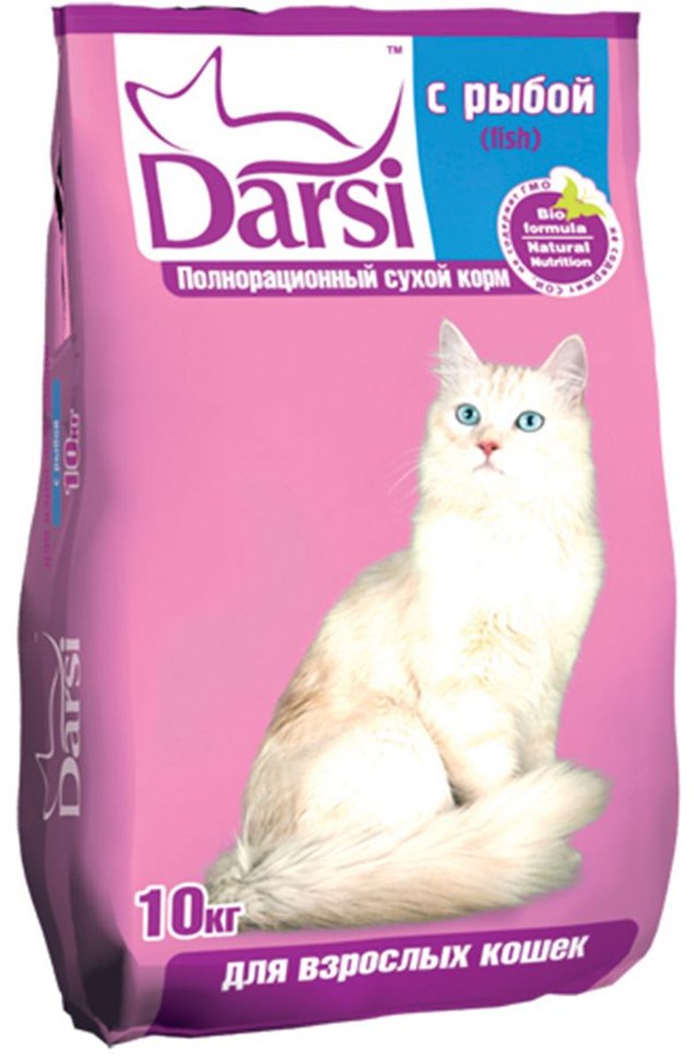 Корм сухой Darsi для кошек, с рыбой, 10 кг. 02760276 Корм сухой Darsi для кошек, с рыбой, 10 кг. 02760276Полнорационный сухой корм Darsi для кошек, с рыбой. Состав: злаки и продукты их переработки, рыба и продукты из рыбы (мин. 4%), мясо и субпродукты животного происхождения, масла и жиры, витамины и минеральные вещества. Пищевая ценность: протеин - 30,0%, жир - 10,0 %, зола - 9,0%, клетчатка - 3,0%, влажность не более 10,0%, кальций - 19,0 г/кг, фосфор - 13,0 г/кг, медь - 10 мг/кг, витамин А - 24 000 МЕ/кг, витамин D3 - 2 000 МЕ/кг, витамин Е - 110 мг/кг. Энергетическая ценность на 100 г: 327 ккал