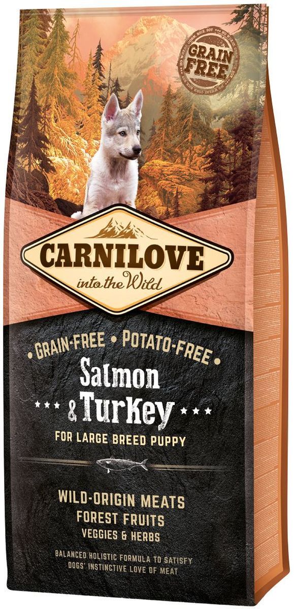 Корм сухой Carnilove, для щенков крупных пород, беззерновой, с лососем и индейкой, 12 кг150816 Корм сухой Carnilove, для щенков крупных пород, беззерновой, с лососем и индейкой, 12 кг150816Сбалансированный полнорационный сухой беззерновой корм для щенков крупных пород (? 25 кг, 3 – 30 месяцев). Cостав: мука из лосося (25%), мука из индейки (20%), желтый горох (18%), куриный жир (консервирован токоферолами, источником витамина е, 9%), цельные яйца (5%), гидролизованный куриный протеин (5%), крахмал из тапиоки (5%), яблоки (3%), куриная печень (3%), рыбий жир лососевый (2%), морковь (1%), льняное семя (1%), нут (1%), гидролизованные панцири ракообразных (источник глюкозамина, 0,031%), экстракт хряща (источник хондроитина, 0,019%), пивные дрожжи (источник маннан-олигосахаридов, 0,018%), корень цикория (источник фрукто-олигосахаридов, 0,012%), юкка шидигера (0,011%), водоросли (0,01%), псиллиум (0,01%), тимьян (0,01%), розмарин (0,01%), орегано (0,01%), клюква (0,0008%), голубика (0,0008%), малина (0,0008%).