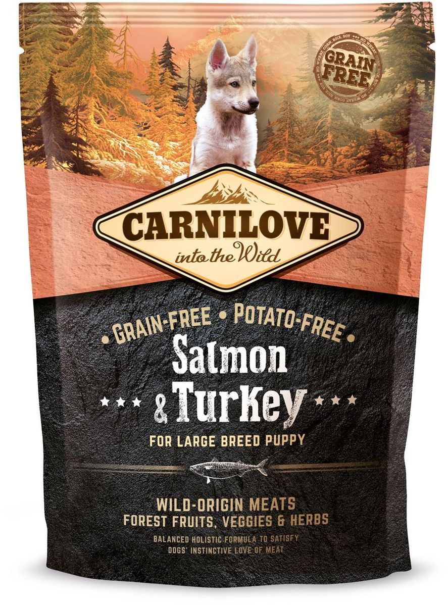 Корм сухой Carnilove, для щенков крупных пород, беззерновой, с лососем и индейкой, 1,5 кг150823 Корм сухой Carnilove, для щенков крупных пород, беззерновой, с лососем и индейкой, 1,5 кг150823Сбалансированный полнорационный сухой беззерновой корм для щенков крупных пород (? 25 кг, 3 – 30 месяцев). Cостав: мука из лосося (25%), мука из индейки (20%), желтый горох (18%), куриный жир (консервирован токоферолами, источником витамина е, 9%), цельные яйца (5%), гидролизованный куриный протеин (5%), крахмал из тапиоки (5%), яблоки (3%), куриная печень (3%), рыбий жир лососевый (2%), морковь (1%), льняное семя (1%), нут (1%), гидролизованные панцири ракообразных (источник глюкозамина, 0,031%), экстракт хряща (источник хондроитина, 0,019%), пивные дрожжи (источник маннан-олигосахаридов, 0,018%), корень цикория (источник фрукто-олигосахаридов, 0,012%), юкка шидигера (0,011%), водоросли (0,01%), псиллиум (0,01%), тимьян (0,01%), розмарин (0,01%), орегано (0,01%), клюква (0,0008%), голубика (0,0008%), малина (0,0008%).