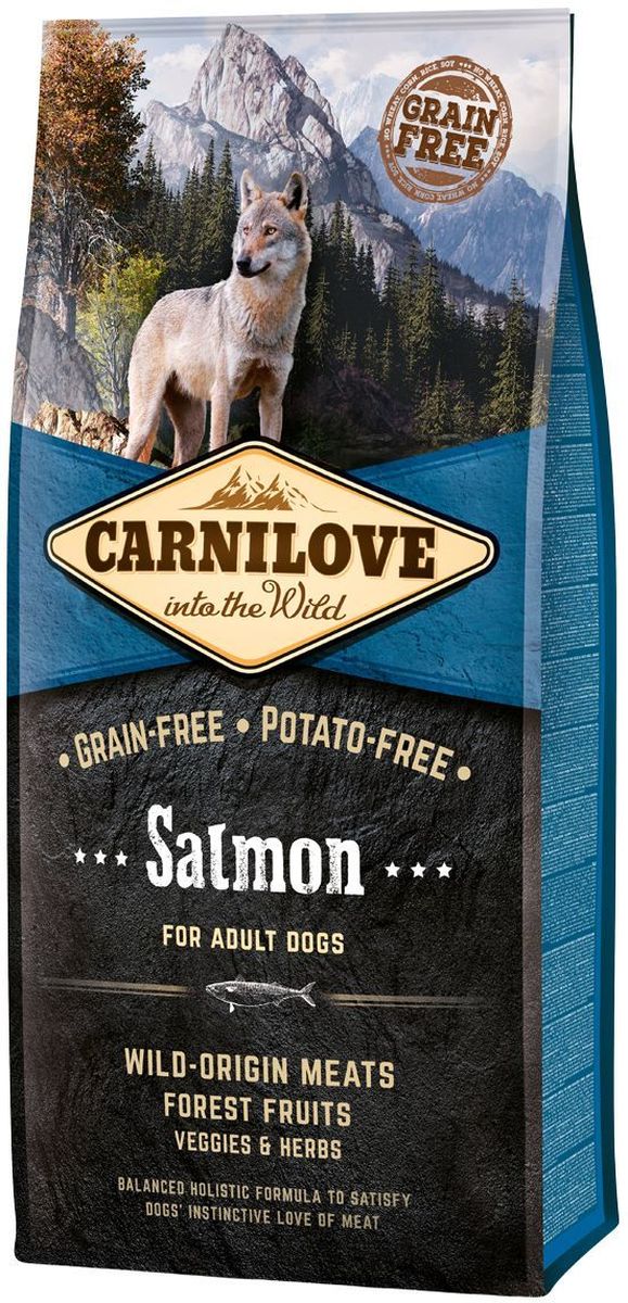 Корм сухой Carnilove, для собак, беззерновой, с лососем, 12 кг150819 Корм сухой Carnilove, для собак, беззерновой, с лососем, 12 кг150819Сбалансированный полнорационный сухой беззерновой корм для взрослых собак всех пород. Cостав: мука из лосося (25%), филе лосося (20%), желтый горох (20%), мука из сельди (10%), куриный жир (консервирован токоферолами, 9%), куриная печень (3%), яблоки (3%), крахмал из тапиоки (3%), рыбий жир лососевый (3%), морковь (1%), льняное семя (1%), нут (1%), гидролизованные панцири ракообразных (источник глюкозамина, 0,026%), экстракт хряща (источник хондроитина, 0,016%), пивные дрожжи (источник маннан-олигосахаридов, 0,015%), корень цикория (источник фрукто-олигосахаридов, 0,01%), юкка шидигера (0,01%), водоросли (0,01%), псиллиум (0,01%), тимьян (0,01%), розмарин (0,01%), орегано (0,01%), клюква (0,0008%), голубика (0,0008%), малина (0,0008%).
