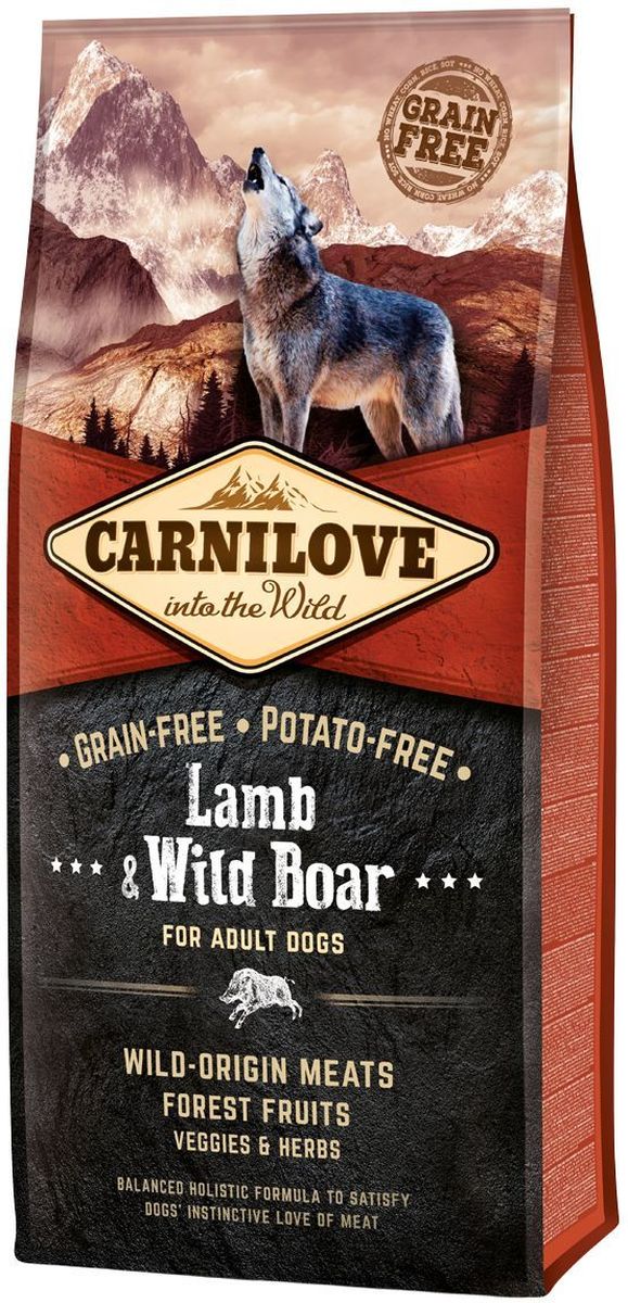 Корм сухой Carnilove, для собак, беззерновой, с мясом ягненка и дикого кабана, 12 кг150817 Корм сухой Carnilove, для собак, беззерновой, с мясом ягненка и дикого кабана, 12 кг150817Сбалансированный полнорационный сухой беззерновой корм для взрослых собак всех пород. Cостав: мука из мяса дикого кабана (30%), мука из мяса ягнят, выращенных на свободном выпасе (25%), желтый горох (20%), куриный жир (консервирован токоферолами, 10%), куриная печень (3%), яблоки (3%), крахмал из тапиоки (3%), рыбий жир лососевый (2%), морковь (1%), льняное семя (1%), нут (1%), гидролизованные панцири ракообразных (источник глюкозамина, 0,026%), экстракт хряща (источник хондроитина, 0,016%), пивные дрожжи (источник маннан-олигосахаридов, 0,015%),корень цикория (источник фрукто-олигосахаридов, 0,01%), юкка шидигера (0,01%), водоросли (0,01%), псиллиум (0,01%), тимьян (0,01%), розмарин (0,01%), орегано (0,01%), клюква (0,0008%), голубика (0,0008%), малина (0,0008%).