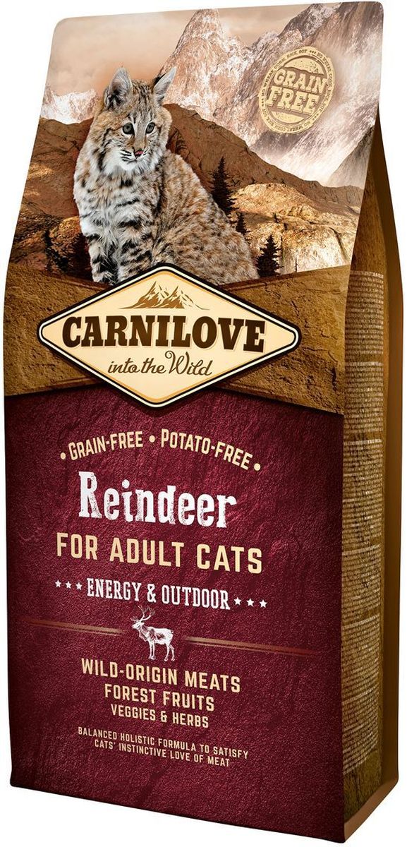 Корм сухой Carnilove, для активных кошек, беззерновой, с мясом северного оленя, 6 кг512249 Корм сухой Carnilove, для активных кошек, беззерновой, с мясом северного оленя, 6 кг512249Полнорационный беззерновой корм Carnilove с мясом северного оленя для взрослых кошек – энергия и активность формула без злаков и картофеля для взрослых активных кошек Состав: мука из северного оленя (28%), мука из дикого кабана (28%), желтый горох (18%), куриный жир (консервирован токоферолами, 13%), куриная печень (4%), крахмал из тапиоки (2%), рыбий жир лососевых рыб (2%), яблоки (1%), морковь (1%), льняное семя (1%), нут (1%), гидролизованные раковины ракообразных (источник глюкозамина, 0,026%), экстракт хряща (источник хондроитина, 0.016%), пивные дрожжи (источник маннанолигосахаридов, 0.016%), корень цикория (источник фруктоолигосахаридов, 0.012%), юкка шидигера (0.01%), водоросли (0.01%), подорожник (0.01%), тимьян (0.01%), розмарин (0.01%), орегано (0.01%), клюква (0.0008%), голубика (0.0008%), малина (0.0008%).