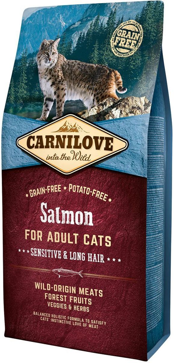 Корм сухой Carnilove, для кошек, беззерновой, с лососем, 6 кг512270 Корм сухой Carnilove, для кошек, беззерновой, с лососем, 6 кг512270Полнорационный беззерновой корм Carnilove с лососем для взрослых кошек – чувствительность и длинная шерсть формула без злаков и картофеля для взрослых кошек с чувствительным пищеварением и длинношерстных кошек Состав: мука из лосося (30%), желтый горох (17%), филе лосося (16%), мука из сельди (14%), куриный жир (консервирован токоферолами, 9%), куриная печень (3%), рыбий жир лососевых рыб (3%), крахмал из тапиоки (2%), яблоки (2%), морковь (1%), льняное семя (1%), нут (1%), гидролизованные раковины ракообразных (источник глюкозамина, 0.026%), экстракт хряща (источник хондроитина, 0.016%), пивные дрожжи (источник маннанолигосахаридов, 0.016%), корень цикория (источник фруктоолигосахаридов, 0.012%), юкка шидигера (0.01%), водоросли (0.01%), подорожник (0.01%), тимьян (0.01%), розмарин (0.01%), орегано (0.01%), клюква (0.0008%), голубика (0.0008%), малина (0.0008%).