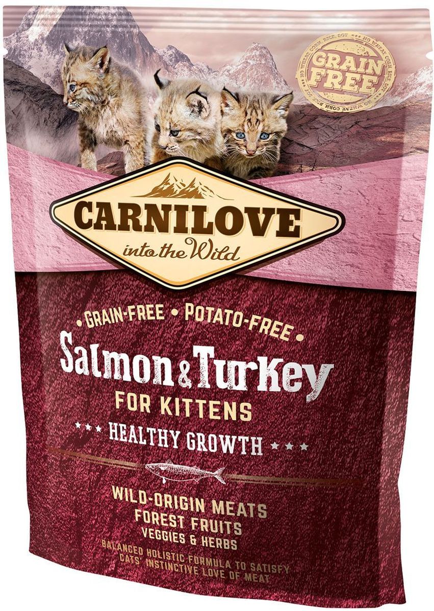 Корм сухой Carnilove Здоровый рост, для котят, беззерновой, с лососем и индейкой, 400 г512232 Корм сухой Carnilove Здоровый рост, для котят, беззерновой, с лососем и индейкой, 400 г512232Полнорационный беззерновой корм Carnilove с лососем и индейкой для котят - здоровый рост Состав: мука из лосося (25%), мука из индейки (24%), желтый горох (18%), куриный жир (консервинован токоферолами, 11%), гидролизованный куриный протеин (9%), куриная печень (3%), рыбий жир лососевых рыб (3%), крахмал из тапиоки (2%), яблоки (1%), морковь (1%), льняное семя (1%), нут (1%), гидролизованные раковины ракообразных (источник глюкозамина, 0.028%), экстракт хряща (источник хондроитина, 0.017%), пивные дрожжи (источник маннанолигосахаридов, 0.017%), корень цикория (источник фруктоолигосахаридов, 0.014%), юкка шидигера (0.01%), водоросли (0.01%), подорожник (0.01%), тимьян (0.01%), розмарин (0.01%), орегано (0.01%), клюква (0.0008%), голубика (0.0008%), малина (0.0008%).