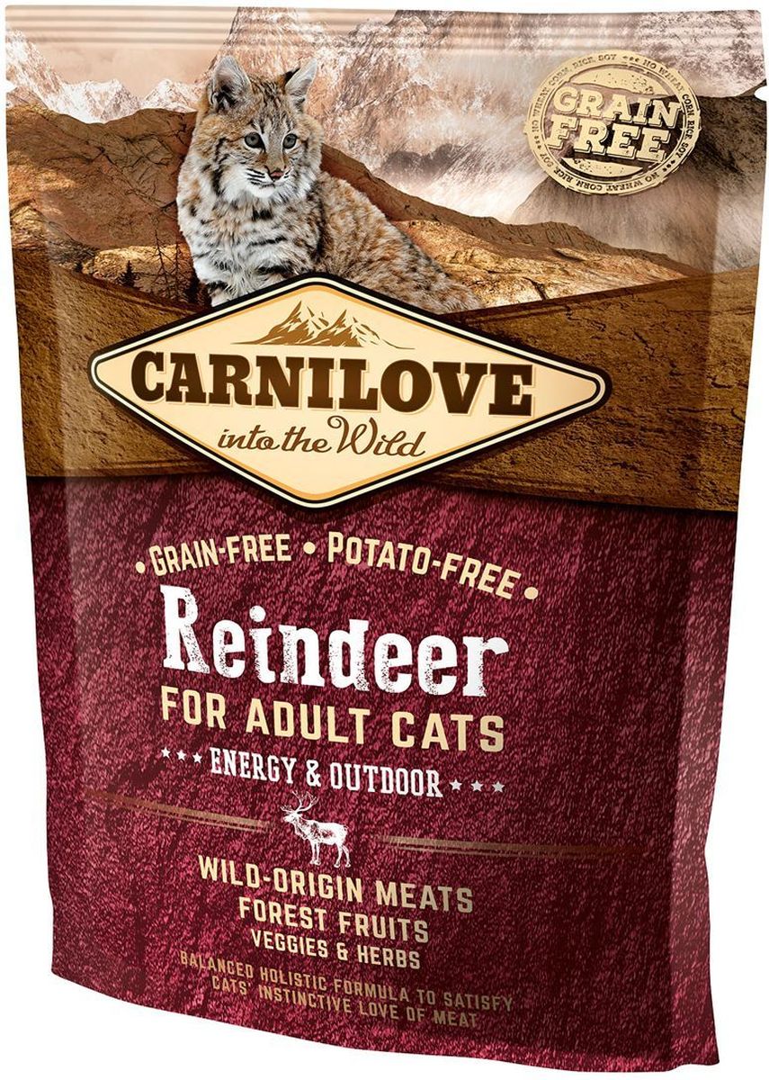 Корм сухой Carnilove, для активных кошек, беззерновой, с мясом северного оленя, 400 г512263 Корм сухой Carnilove, для активных кошек, беззерновой, с мясом северного оленя, 400 г512263Полнорационный беззерновой корм Carnilove с мясом северного оленя для взрослых кошек – энергия и активность формула без злаков и картофеля для взрослых активных кошек Состав: мука из северного оленя (28%), мука из дикого кабана (28%), желтый горох (18%), куриный жир (консервирован токоферолами, 13%), куриная печень (4%), крахмал из тапиоки (2%), рыбий жир лососевых рыб (2%), яблоки (1%), морковь (1%), льняное семя (1%), нут (1%), гидролизованные раковины ракообразных (источник глюкозамина, 0,026%), экстракт хряща (источник хондроитина, 0.016%), пивные дрожжи (источник маннанолигосахаридов, 0.016%), корень цикория (источник фруктоолигосахаридов, 0.012%), юкка шидигера (0.01%), водоросли (0.01%), подорожник (0.01%), тимьян (0.01%), розмарин (0.01%), орегано (0.01%), клюква (0.0008%), голубика (0.0008%), малина (0.0008%).