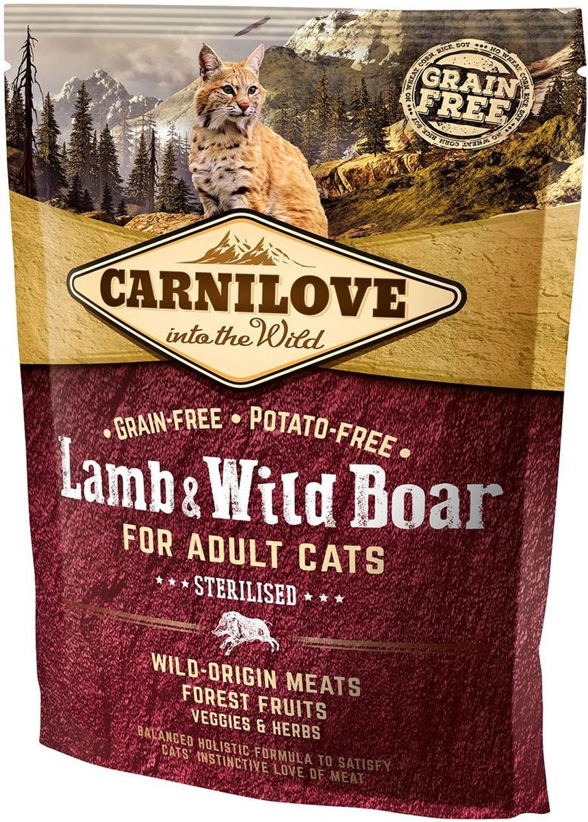 Корм сухой Carnilove, для кастрированных котов и стерилизованных кошек, беззерновой, с мясом ягненка и дикого кабана, 400 г512324 Корм сухой Carnilove, для кастрированных котов и стерилизованных кошек, беззерновой, с мясом ягненка и дикого кабана, 400 г512324Полнорационный беззерновой корм Carnilove с мясом ягненка и дикого кабана для взрослых кастрированных котов и стерилизованных кошек формула без злаков и картофеля для взрослых стерилизованных кошек и кастрированных котов Состав: мука из дикого кабана (35%), мука из ягнят свободного выпаса (24%), желтый горох (19%), куриный жир (консервирован токоферолами, 6%), яблоки (4%), куриная печень (3%), крахмал из тапиоки (3%), рыбий жир лососевых рыб (2%), морковь (1%), льняное семя (1%), нут (1%), гидролизованные раковины ракообразных (источник глюкозамина, 0.026%), экстракт хряща (источник хондроитина, 0.016%), пивные дрожжи (источник маннанолигосахаридов, 0.016%), корень цикория (источник фруктоолигосахаридов, 0.012%), юкка шидигера (0.01%), водоросли (0.01%), подорожник (0.01%), тимьян (0.01%), розмарин (0.01%), орегано (0.01%), клюква (0.0008%), голубика (0.0008%), малина (0.0008%).
