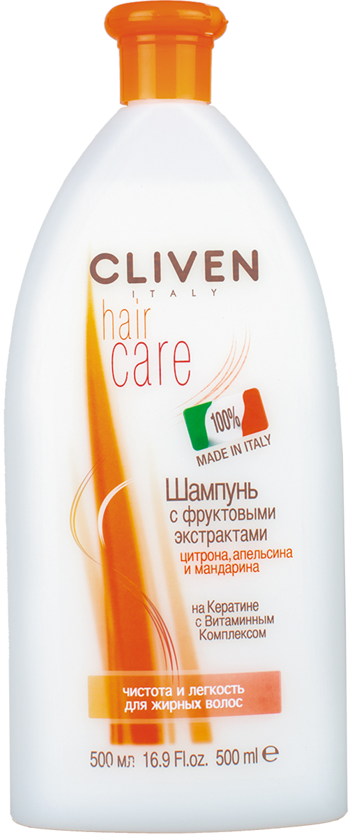 Cliven Hair Care Шампунь с фруктовыми экстрактами 500мл7790 Cliven Hair Care Шампунь с фруктовыми экстрактами 500мл7790Особая формула данного шампуня направлена на устранение загрязнения и излишки жира очень нежным образом, не истощая волос. Кератин оказывает укрепляющее и защитное действие совместно с витаминным комплексом и экстрактами цитрона, апельсина и мандарина возвращают волосам жизненную силу и мягкость. Чистота и легкость для жирных волос.
